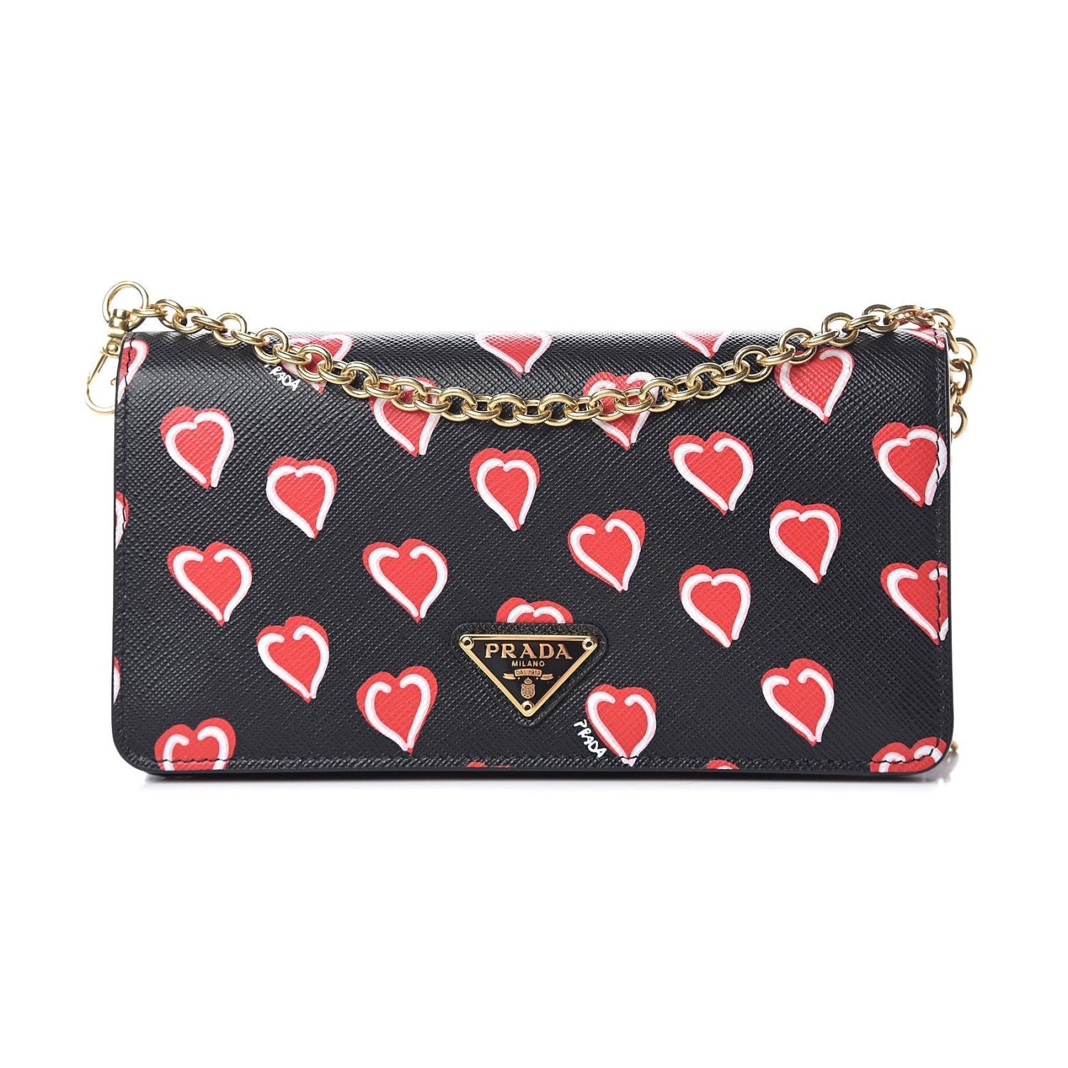 Prada Black Saffiano Leather Heart Print Mini Crossbody Handbag