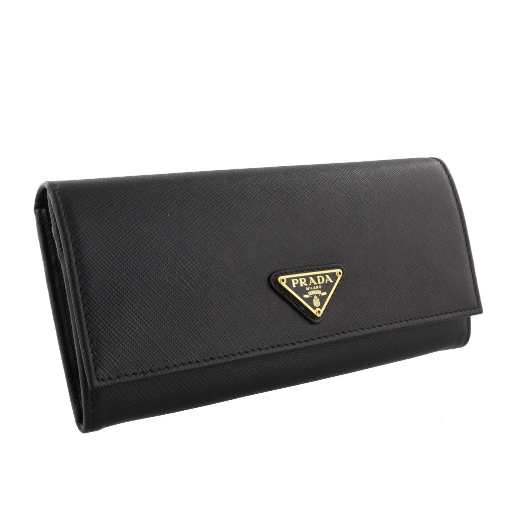 Prada Black Saffiano Leather Triangle Logo Continental Wallet