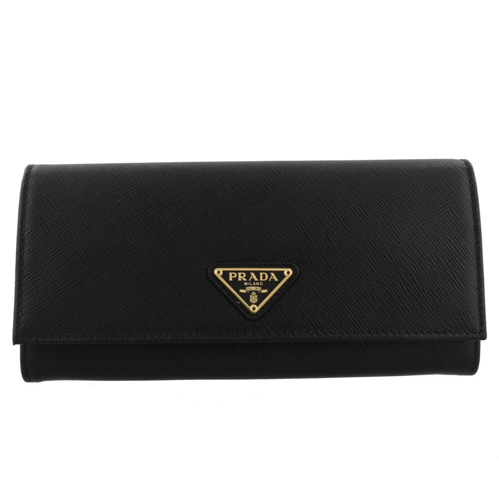 Prada Black Saffiano Leather Triangle Logo Continental Wallet