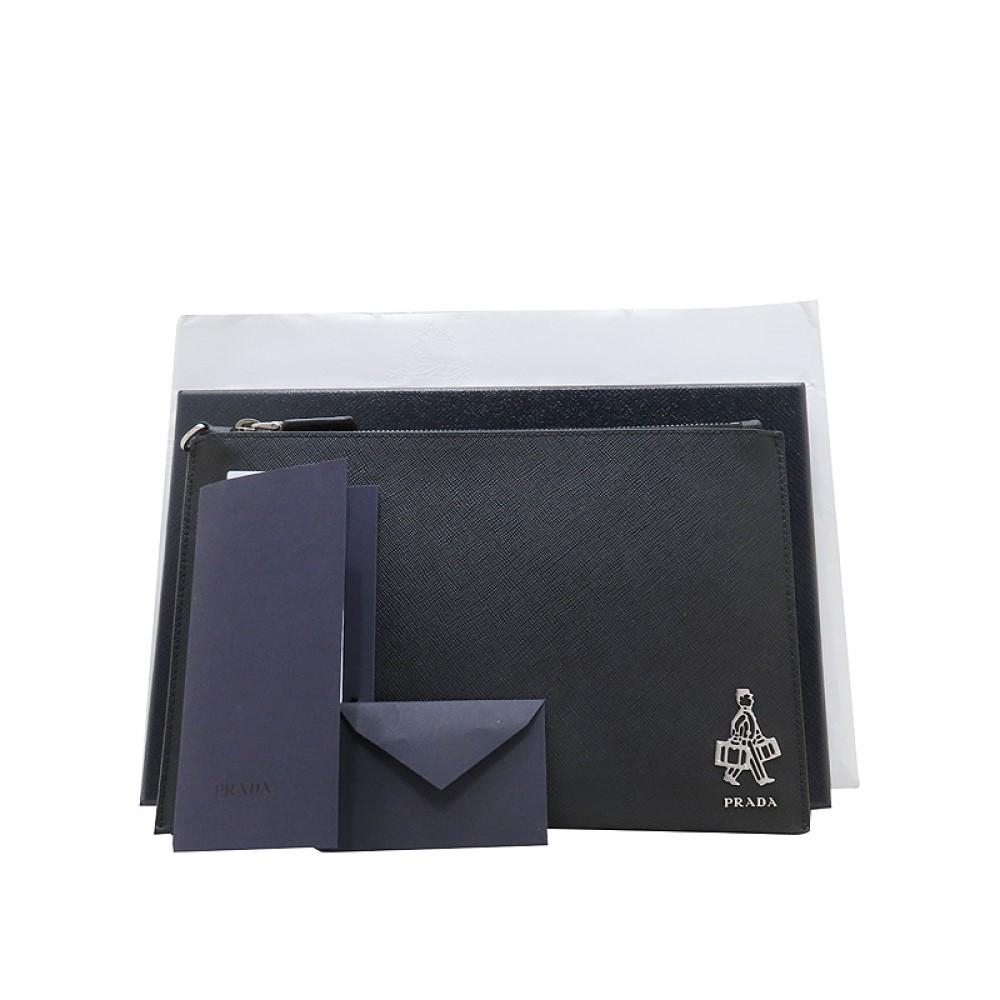 Prada Black Saffiano Voyage Leather Clutch Document Holder