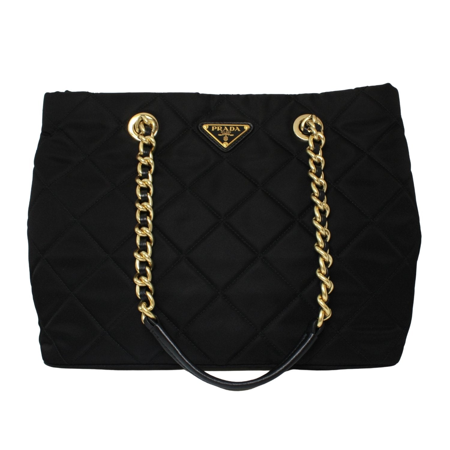 Prada Black Tessuto Nylon Gold Chain Quilted Convertible Tote Bag