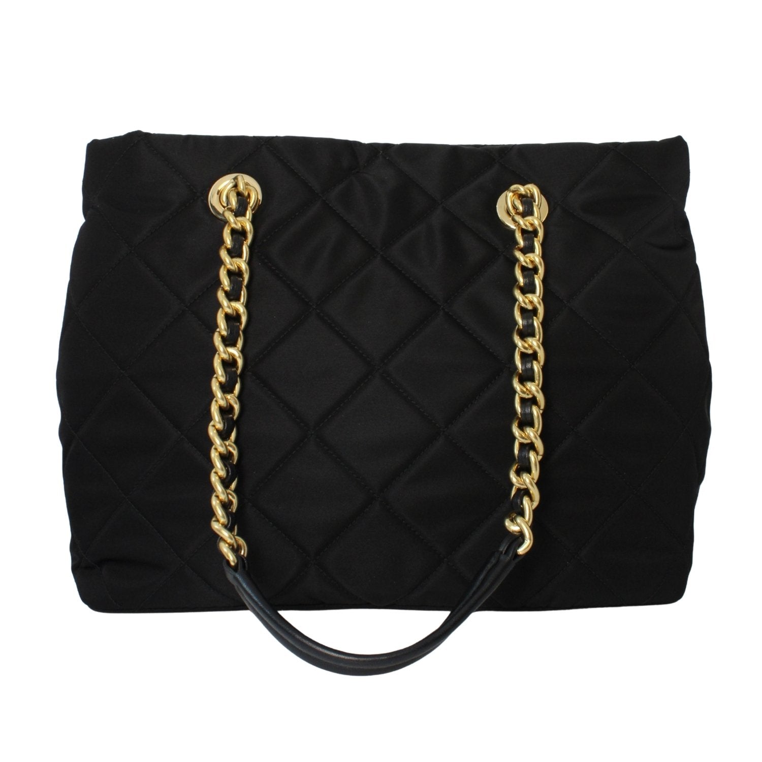 Prada Black Tessuto Nylon Gold Chain Quilted Convertible Tote Bag