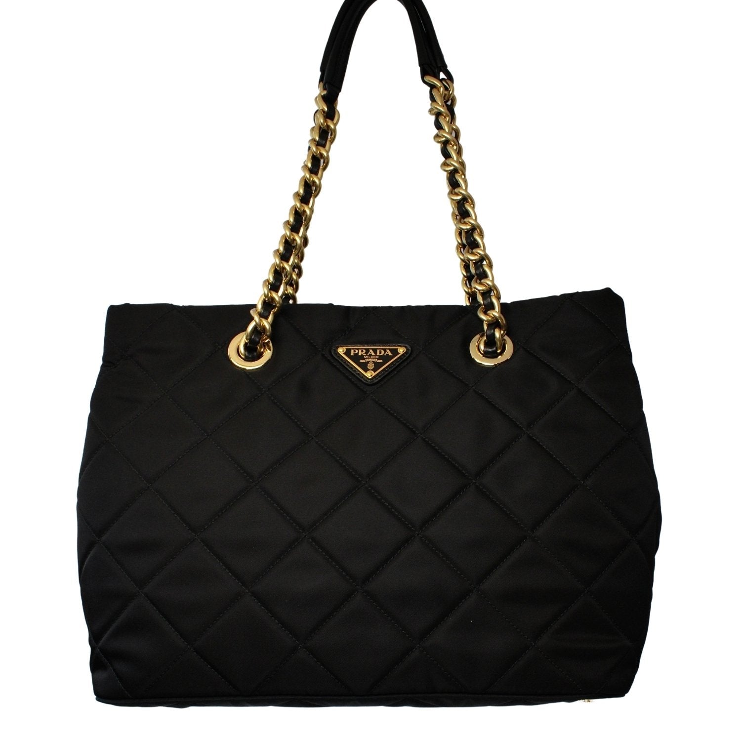 Prada Black Tessuto Nylon Gold Chain Quilted Convertible Tote Bag