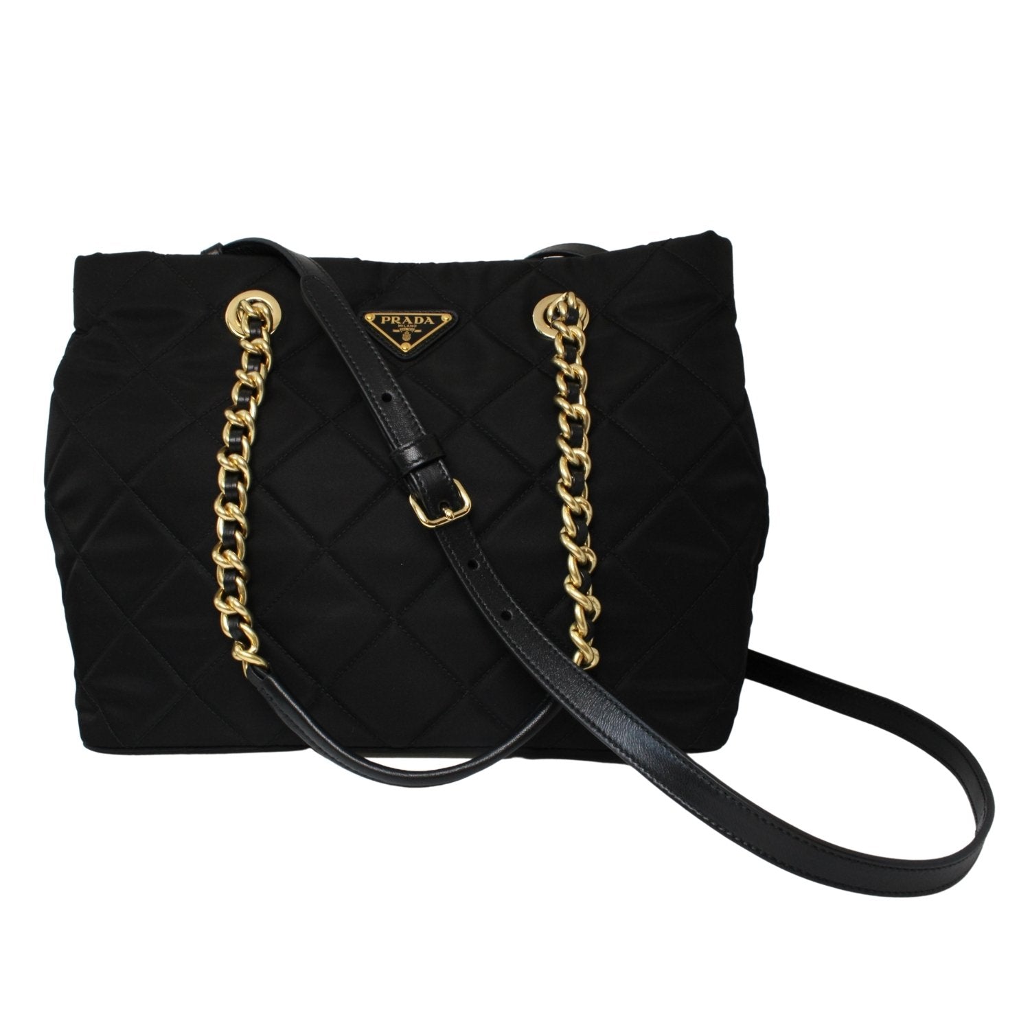 Prada Black Tessuto Nylon Gold Chain Quilted Convertible Tote Bag