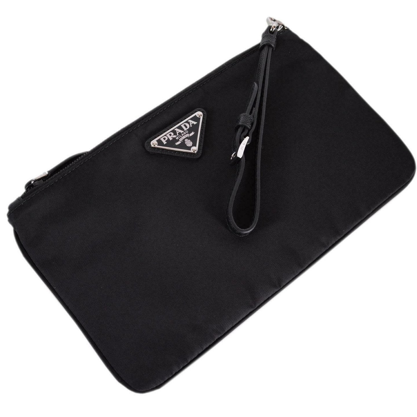 Prada Black Tessuto Nylon Pouch Prada Logo Wristlet Clutch Bag