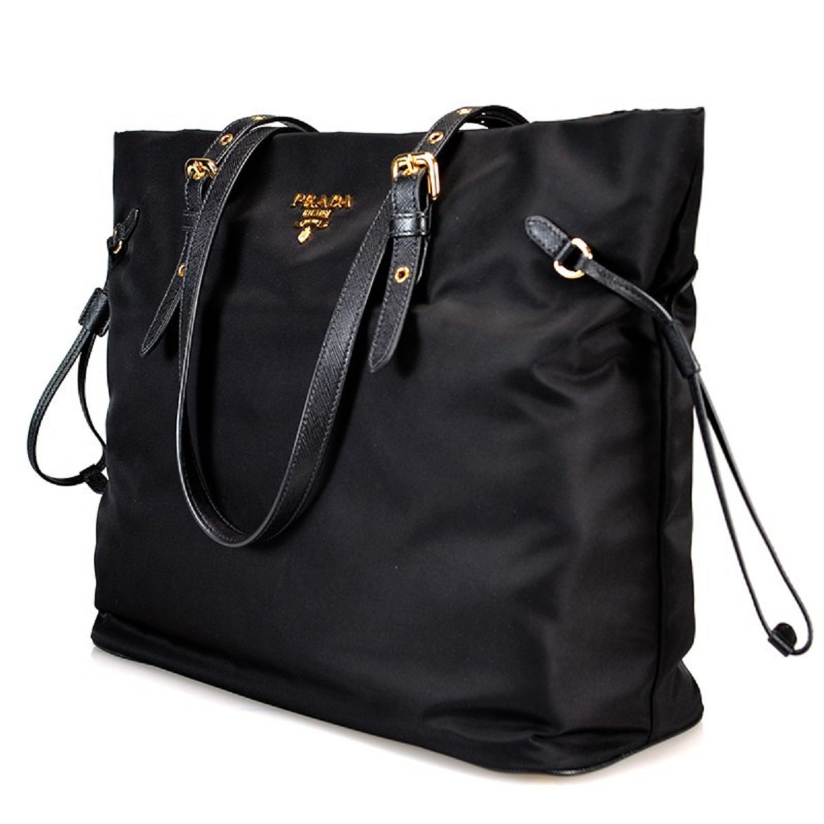 Prada Black Tessuto Nylon Saffiano Leather Shopping Tote