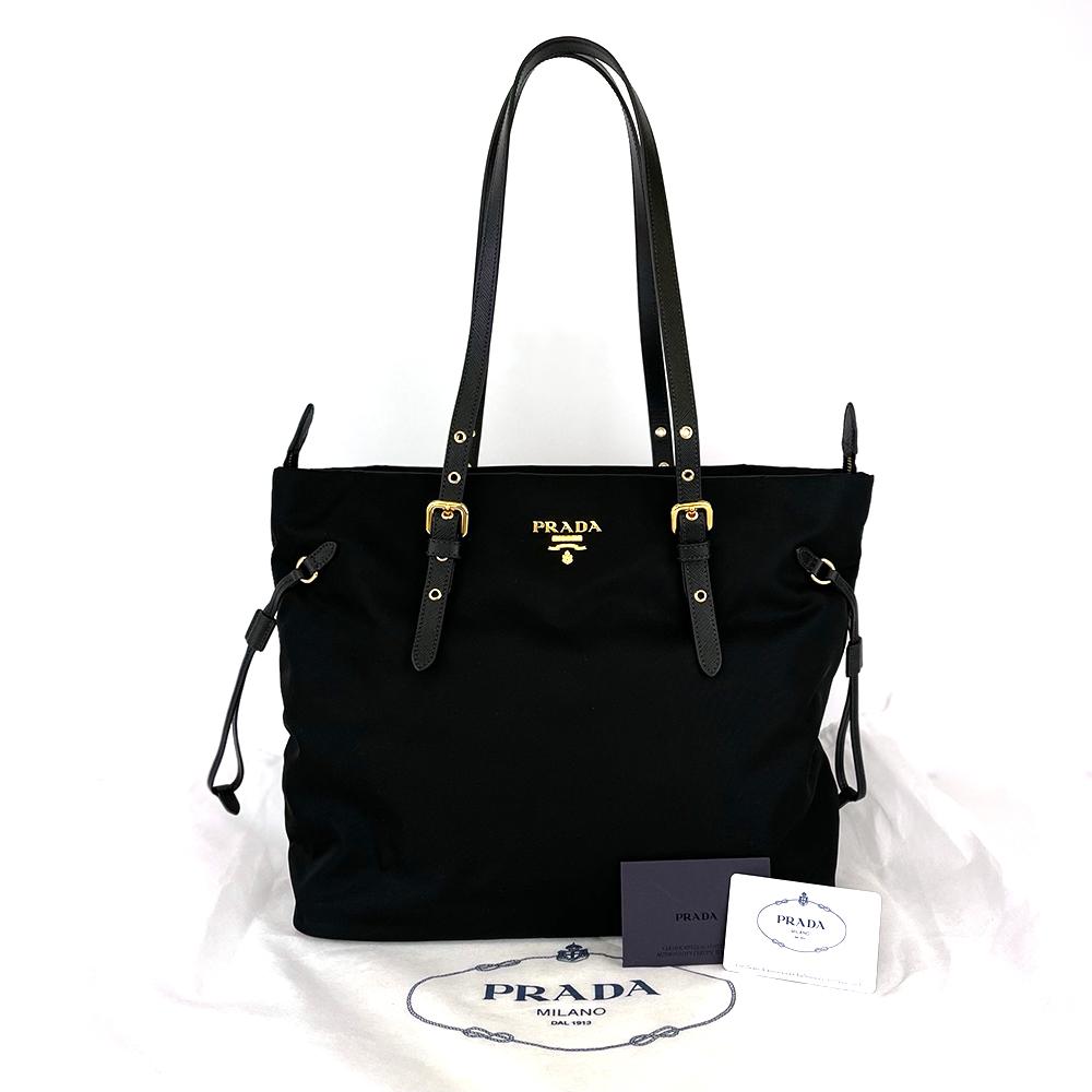 Prada Black Tessuto Nylon Saffiano Leather Shopping Tote