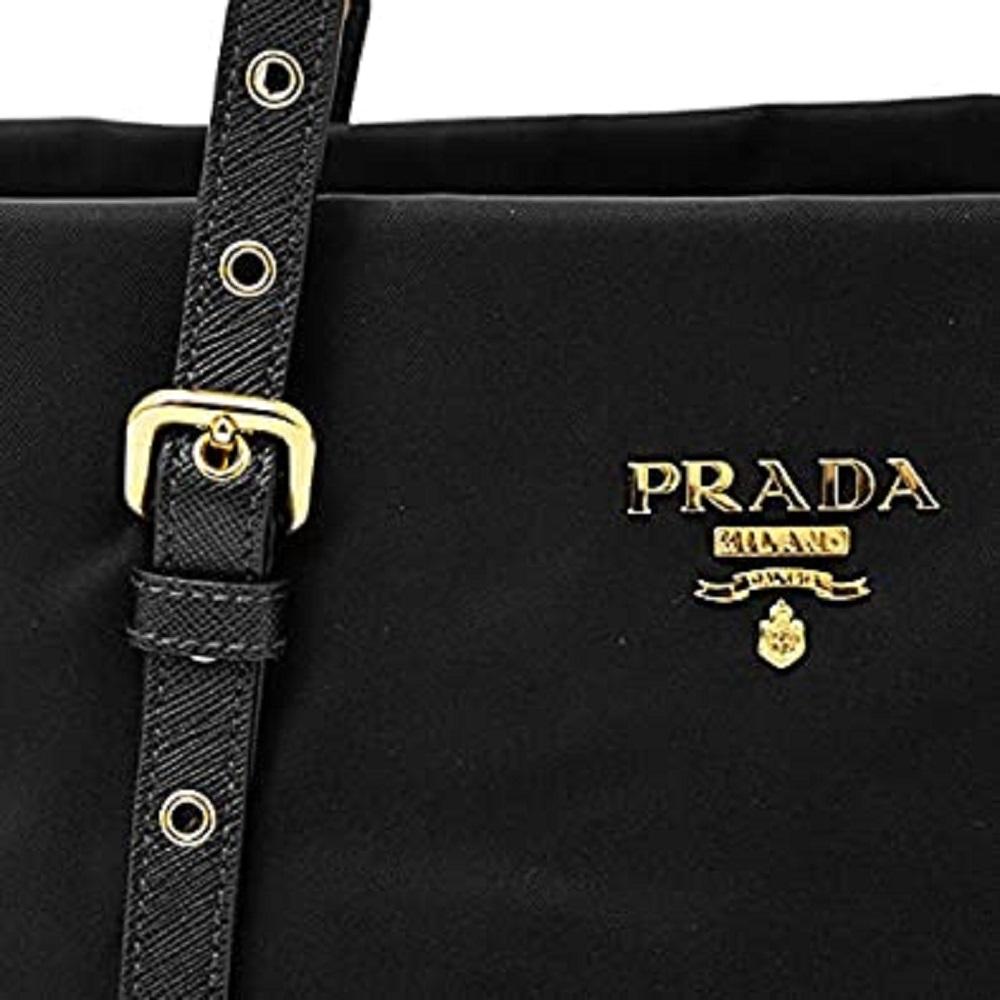 Prada Black Tessuto Nylon Saffiano Leather Shopping Tote