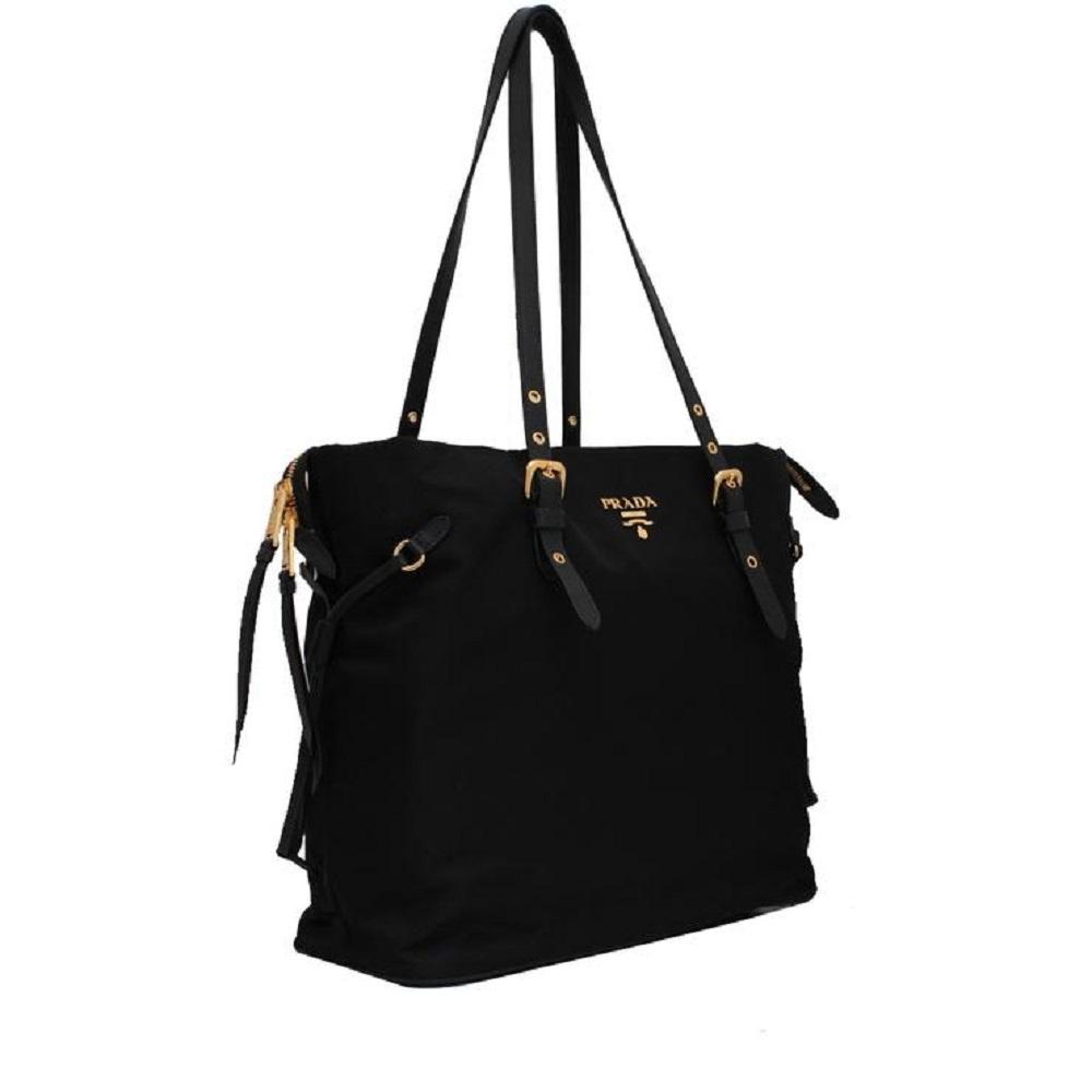 Prada Black Tessuto Nylon Saffiano Leather Shopping Tote