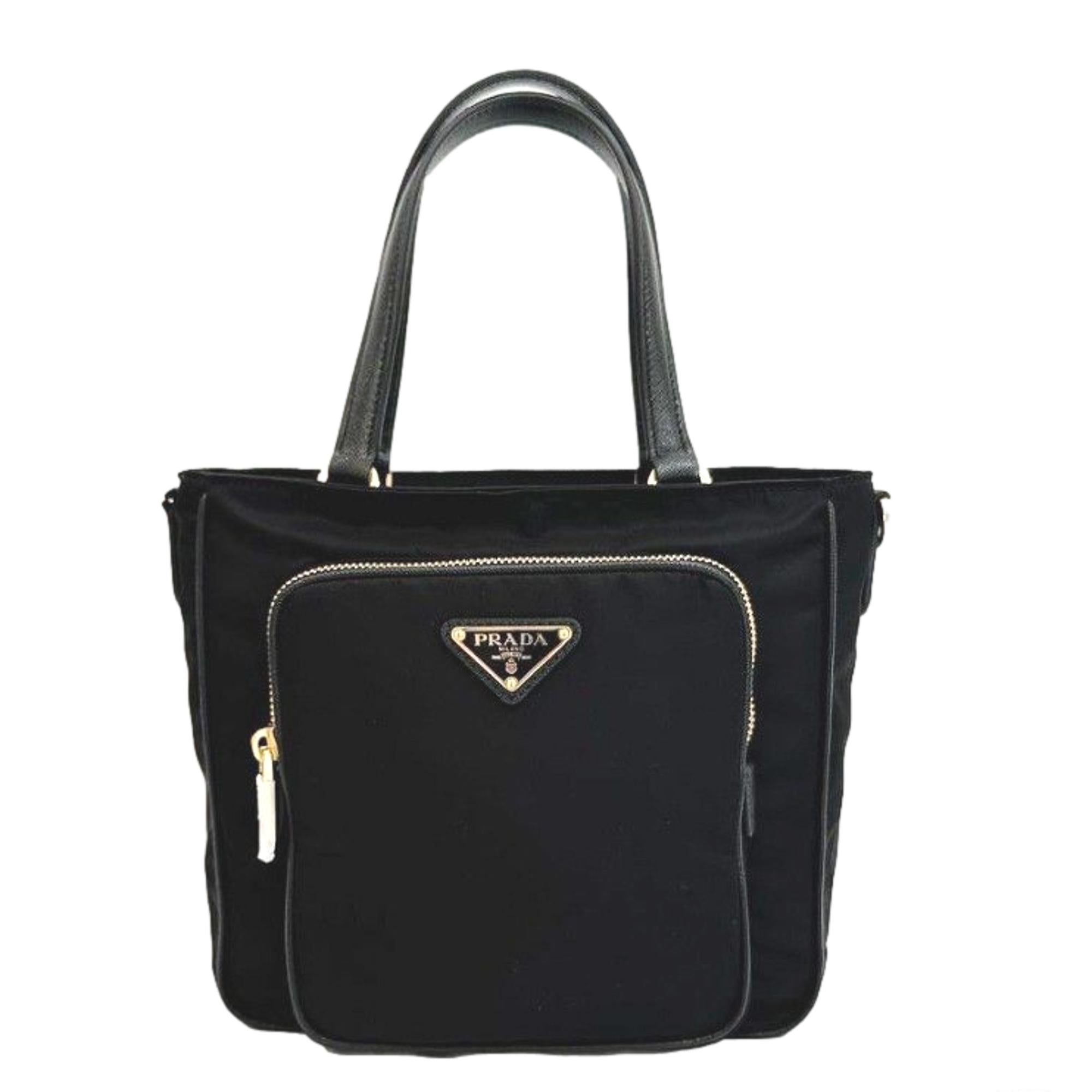 Prada Black Tessuto Nylon Saffiano Leather Shopping Tote Bag