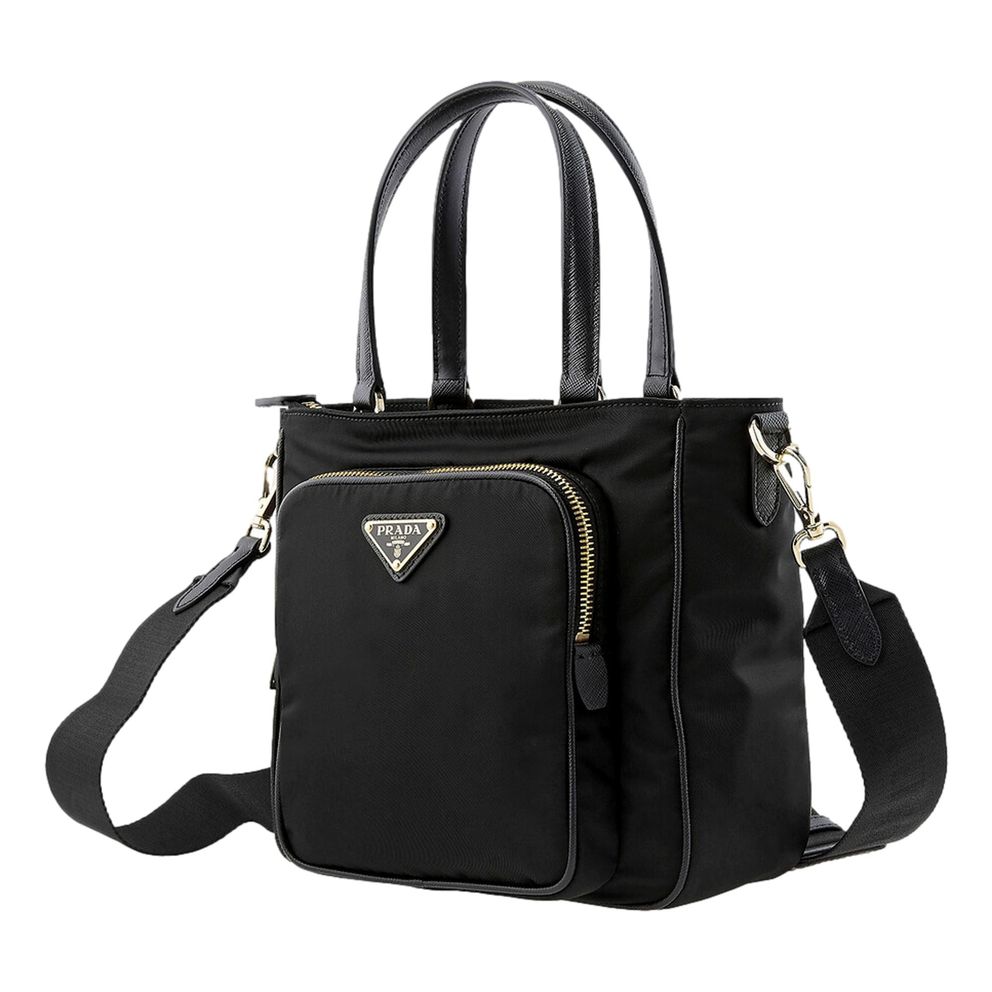 Prada Black Tessuto Nylon Saffiano Leather Shopping Tote Bag