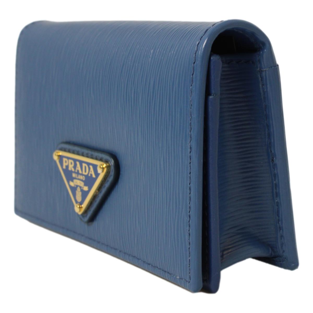 Prada Blue Vitello Move Leather Triangle Logo Card Case Wallet