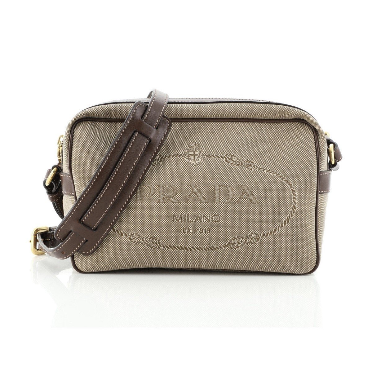 Prada Jacquard Logo Brown Canvas Leather Trim Camera Crossbody