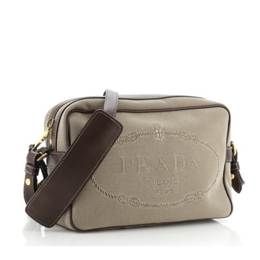 Prada Jacquard Logo Brown Canvas Leather Trim Camera Crossbody