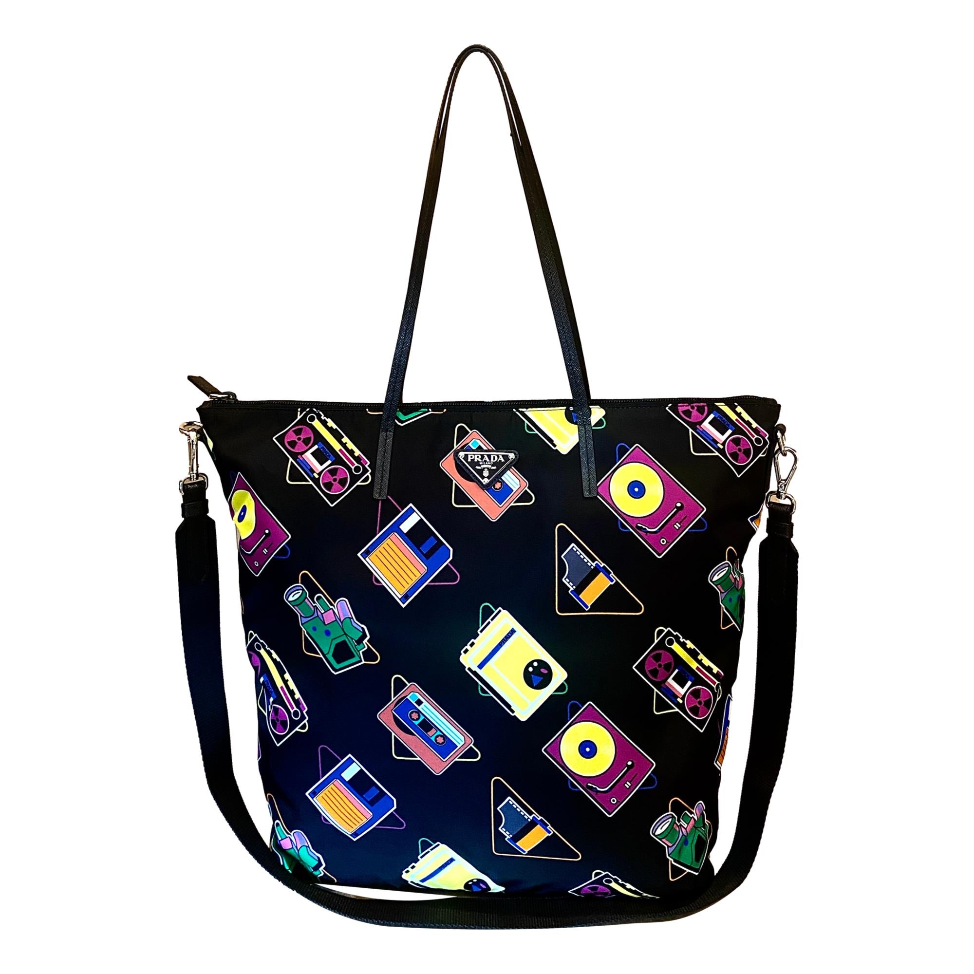 Prada Cassette Print Black Nylon Convertible Shopping Tote