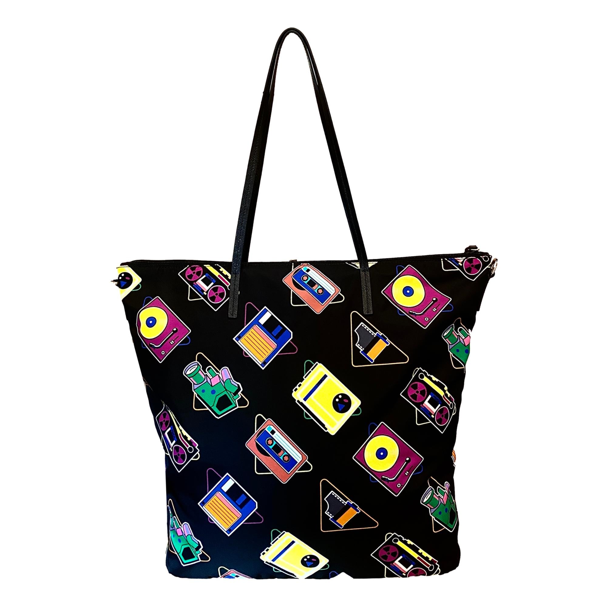 Prada Cassette Print Black Nylon Convertible Shopping Tote