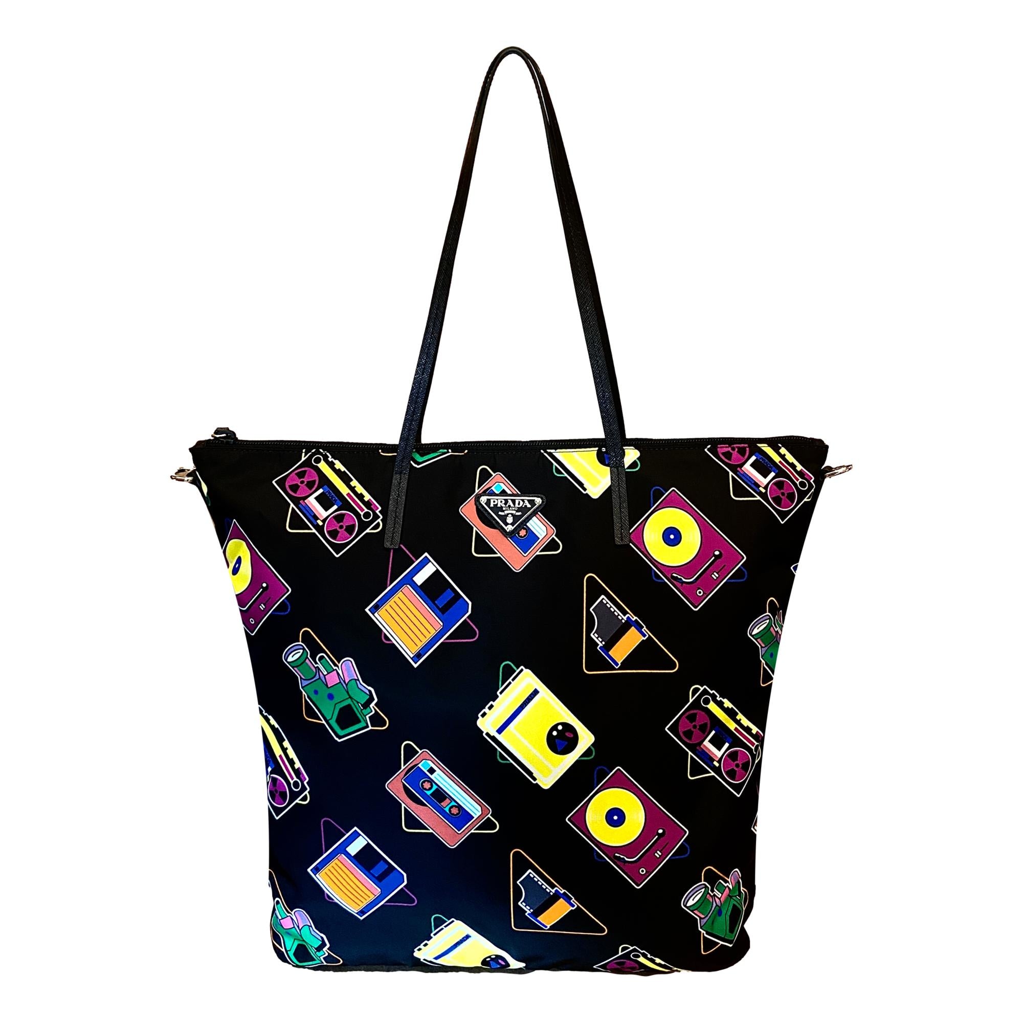 Prada Cassette Print Black Nylon Convertible Shopping Tote