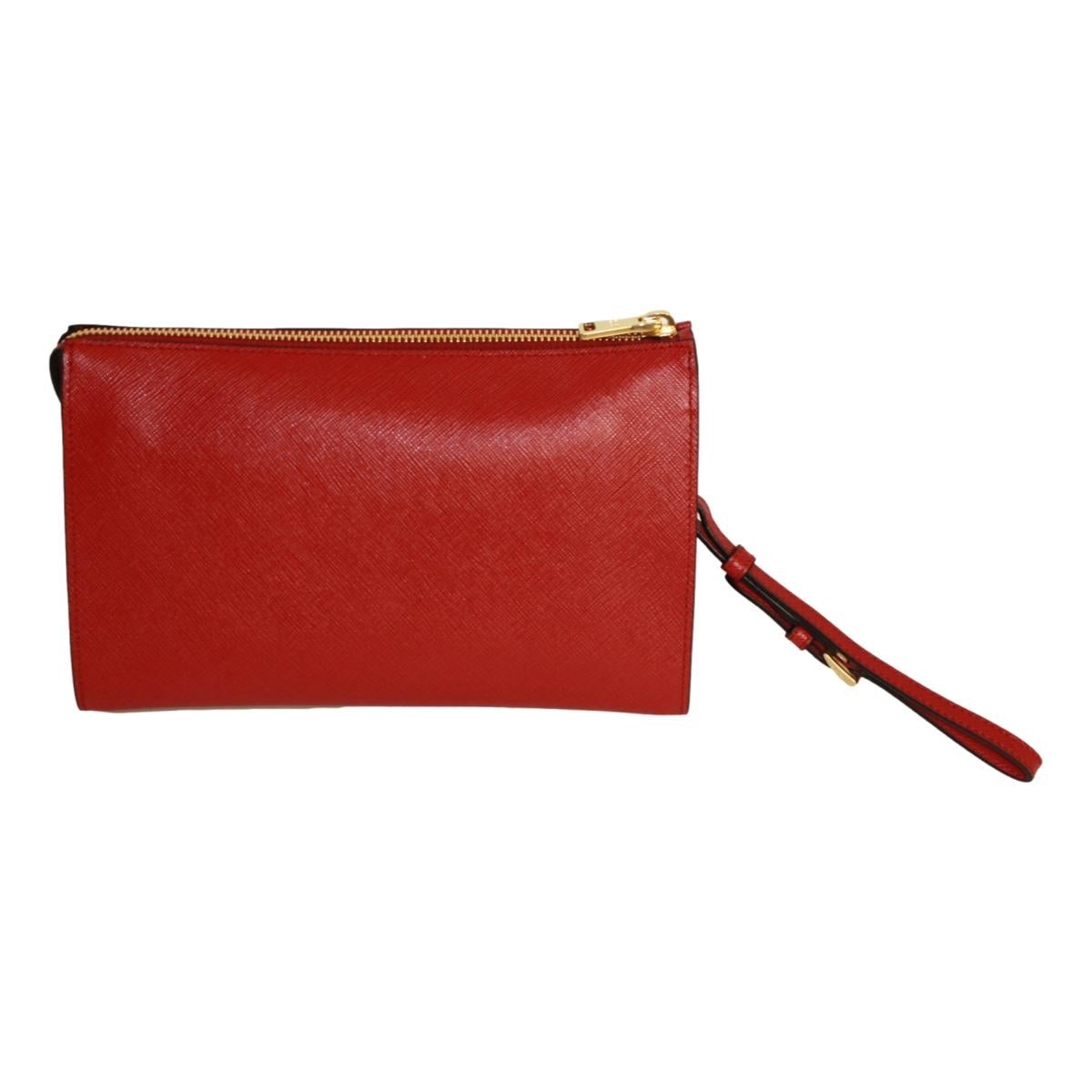 Prada Fuoco Red Saffiano Leather Gold Hearts Pouch Wristlet Bag