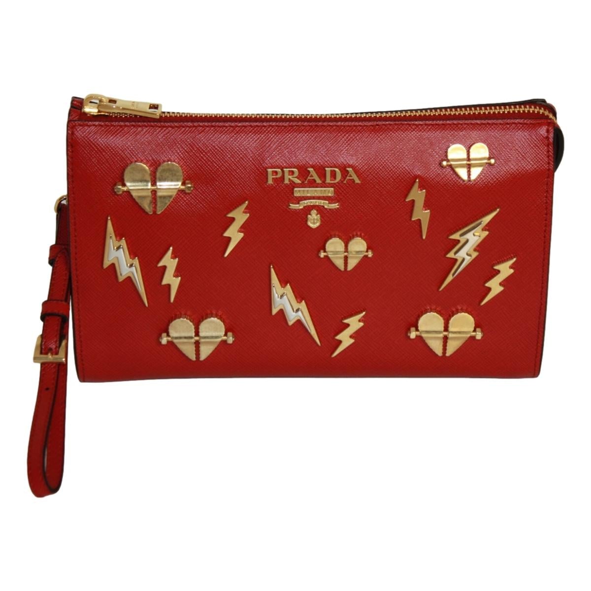 Prada Fuoco Red Saffiano Leather Gold Hearts Pouch Wristlet Bag