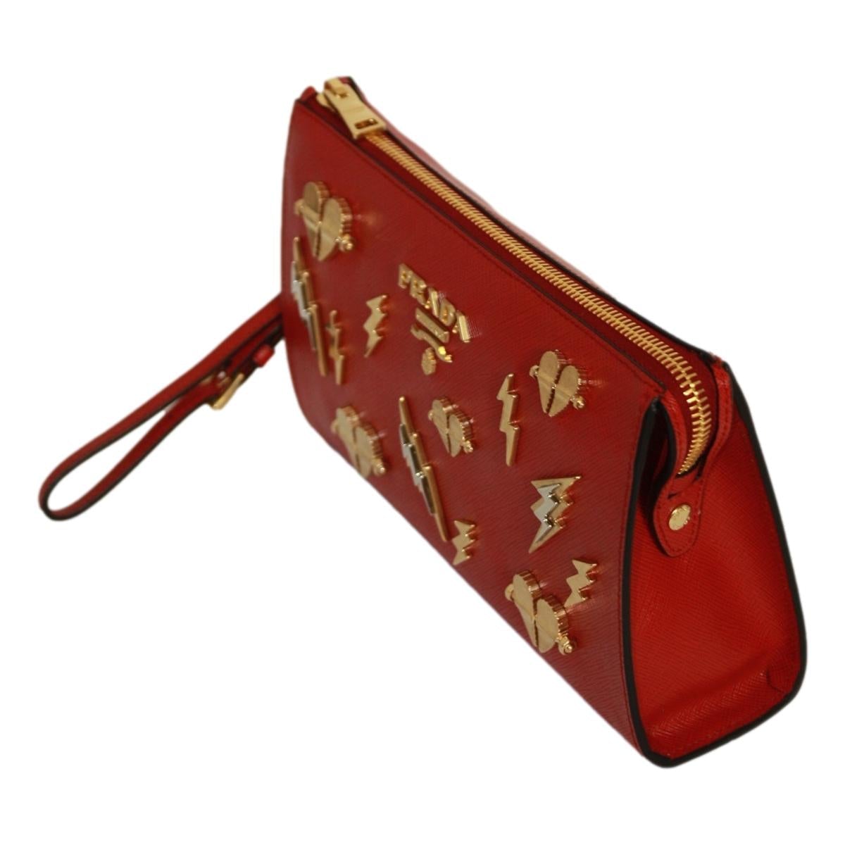 Prada Fuoco Red Saffiano Leather Gold Hearts Pouch Wristlet Bag