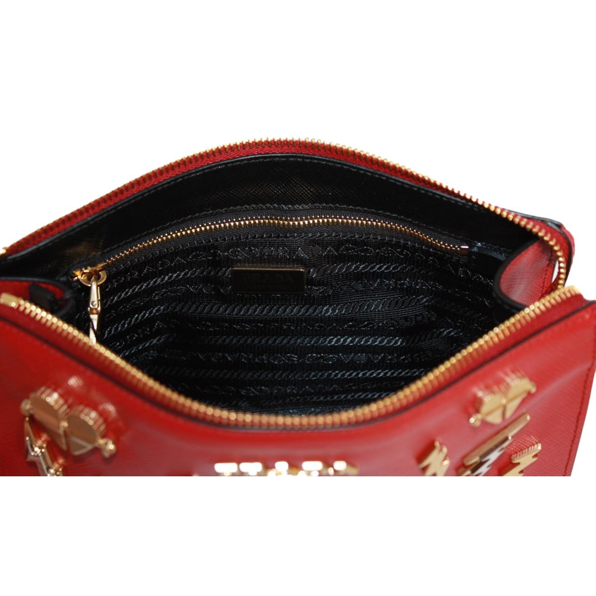 Prada Fuoco Red Saffiano Leather Gold Hearts Pouch Wristlet Bag