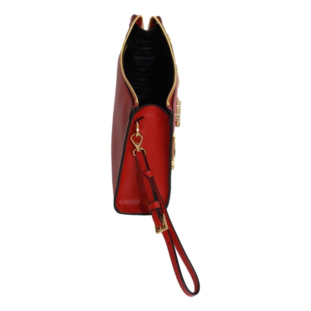 Prada Fuoco Red Saffiano Leather Gold Hearts Pouch Wristlet Bag