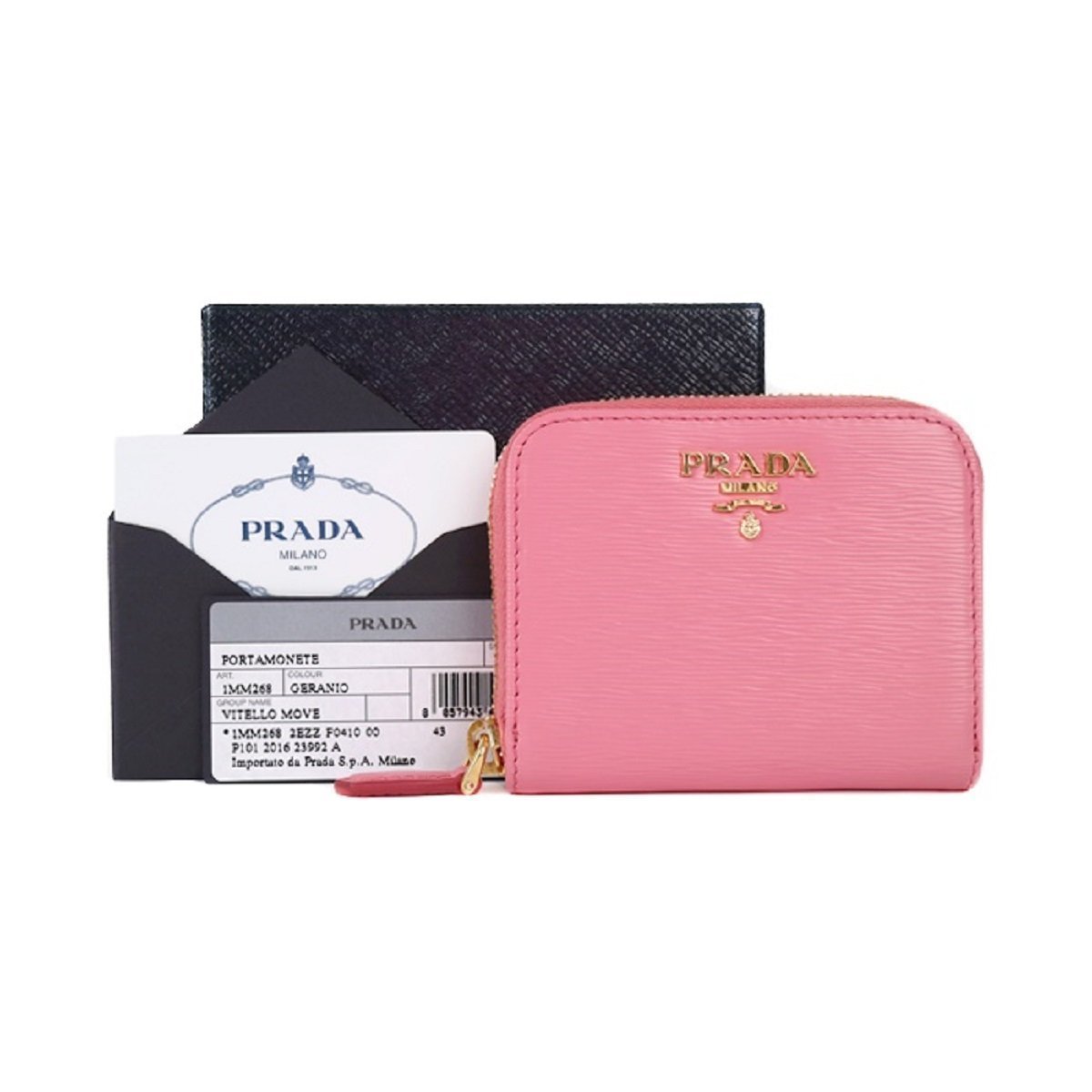 Prada Geranio Pink Vitello Move Leather Gold Zip Coin Wallet