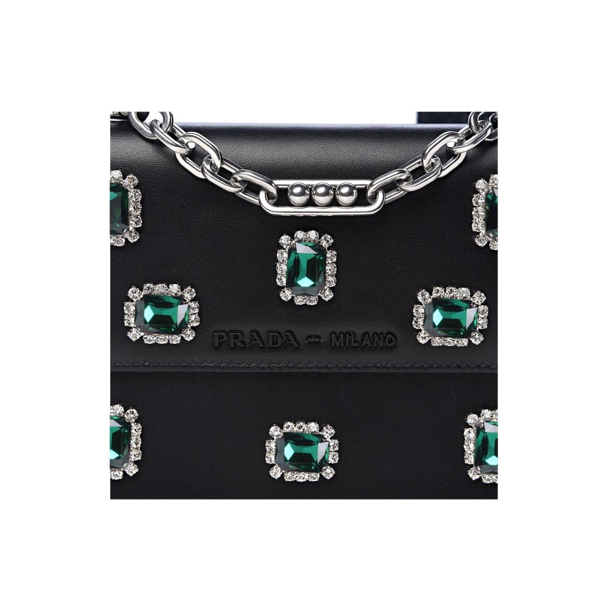 Prada Black City Calfskin Leather Green Jewels Chain Shoulder Bag