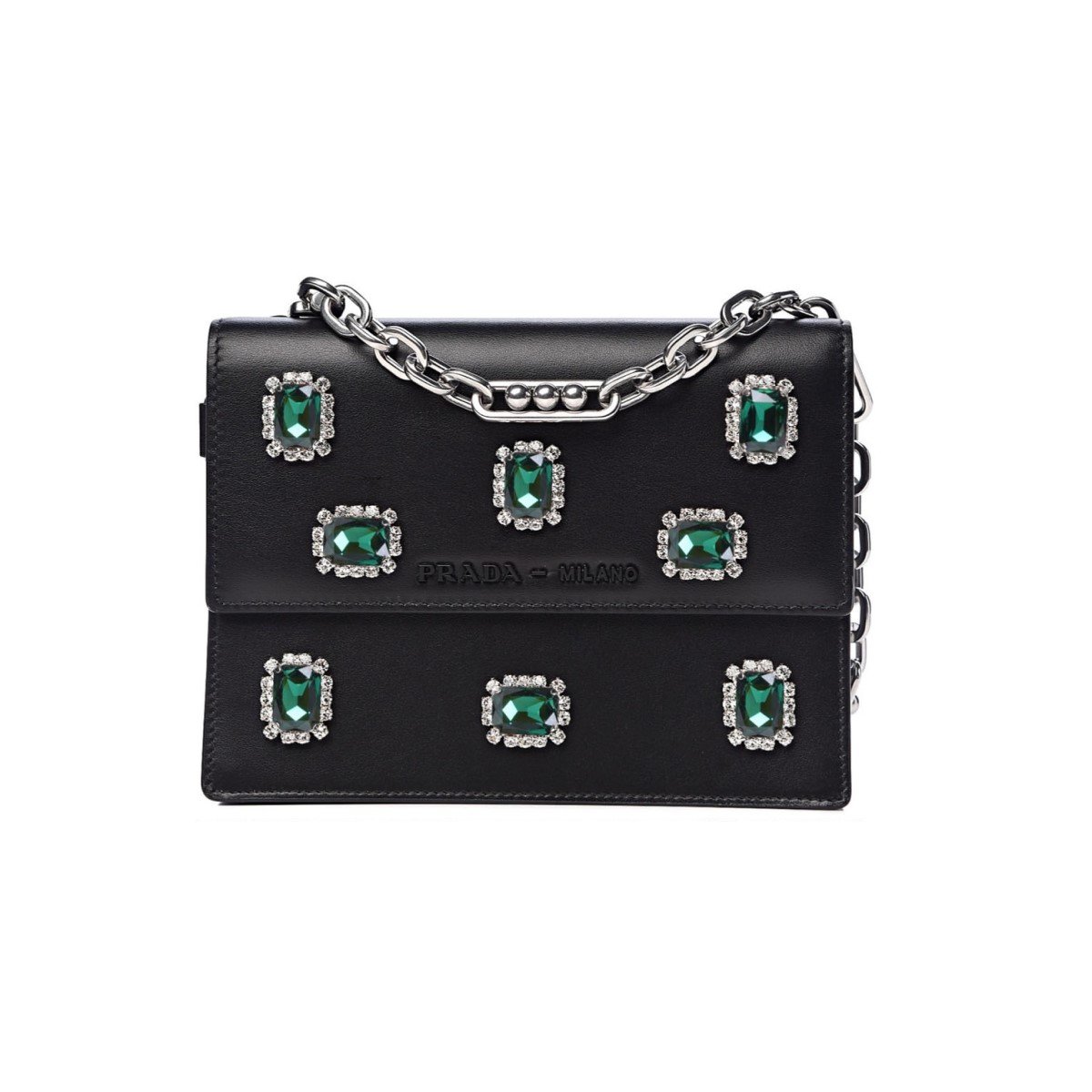 Prada Black City Calfskin Leather Green Jewels Chain Shoulder Bag