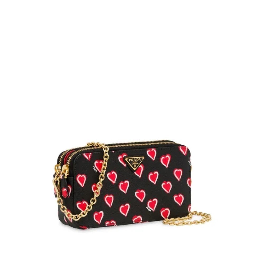 Prada Hearts Red Black Saffiano Leather Double Zip Crossbody