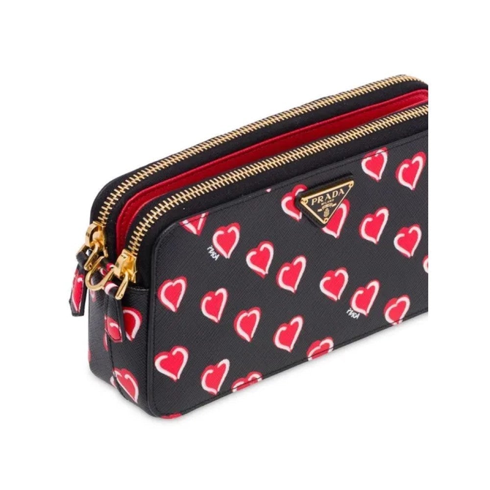 Prada Hearts Red Black Saffiano Leather Double Zip Crossbody