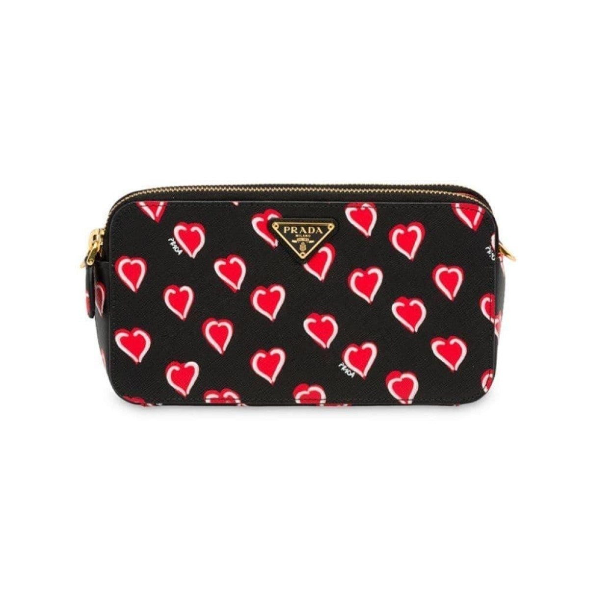 Prada Hearts Red Black Saffiano Leather Double Zip Crossbody