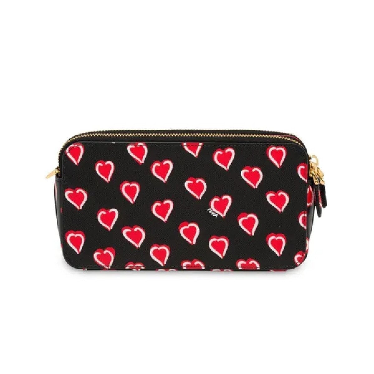 Prada Hearts Red Black Saffiano Leather Double Zip Crossbody