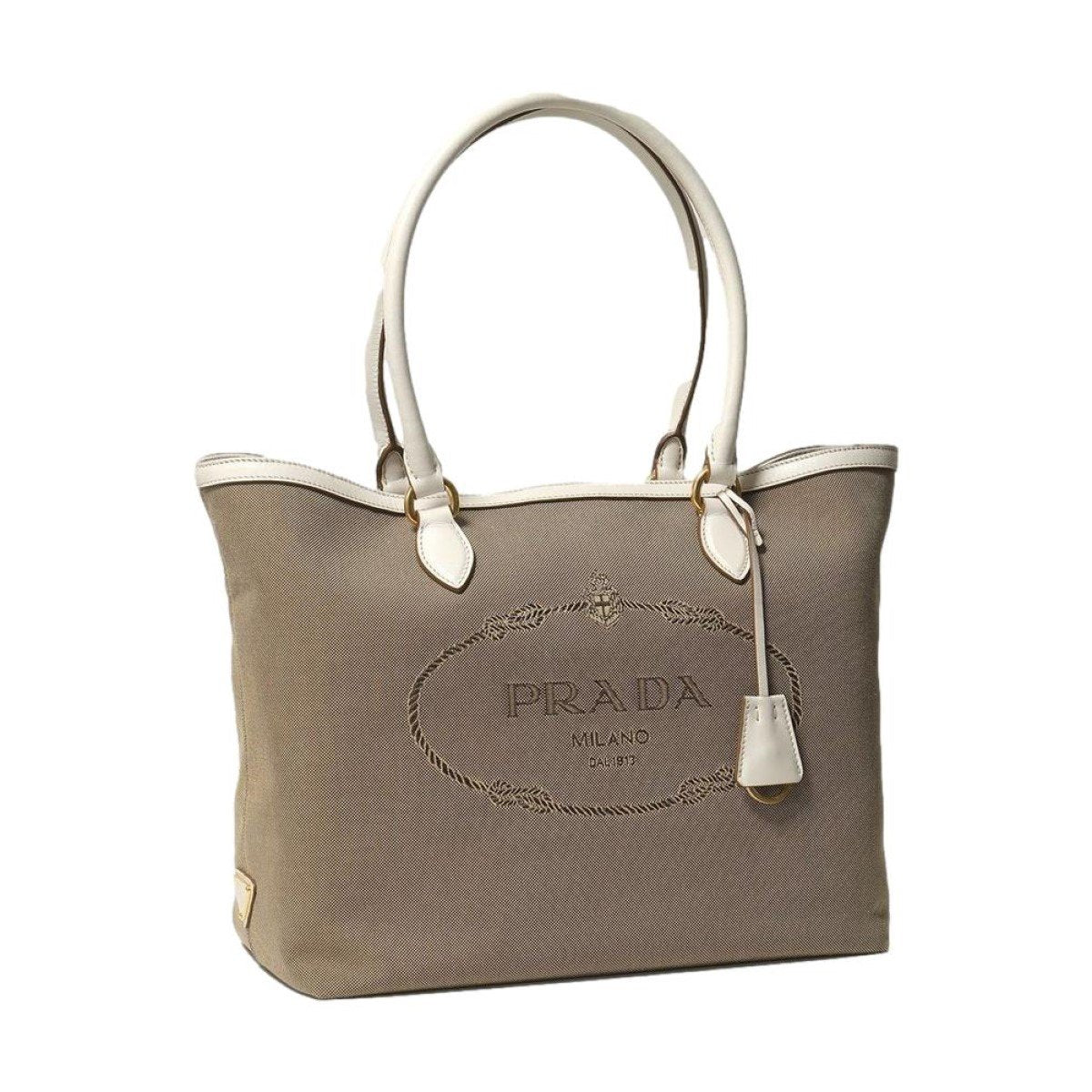 Prada Jacquard Logo White Calf Leather Trim Shoulder Tote Bag