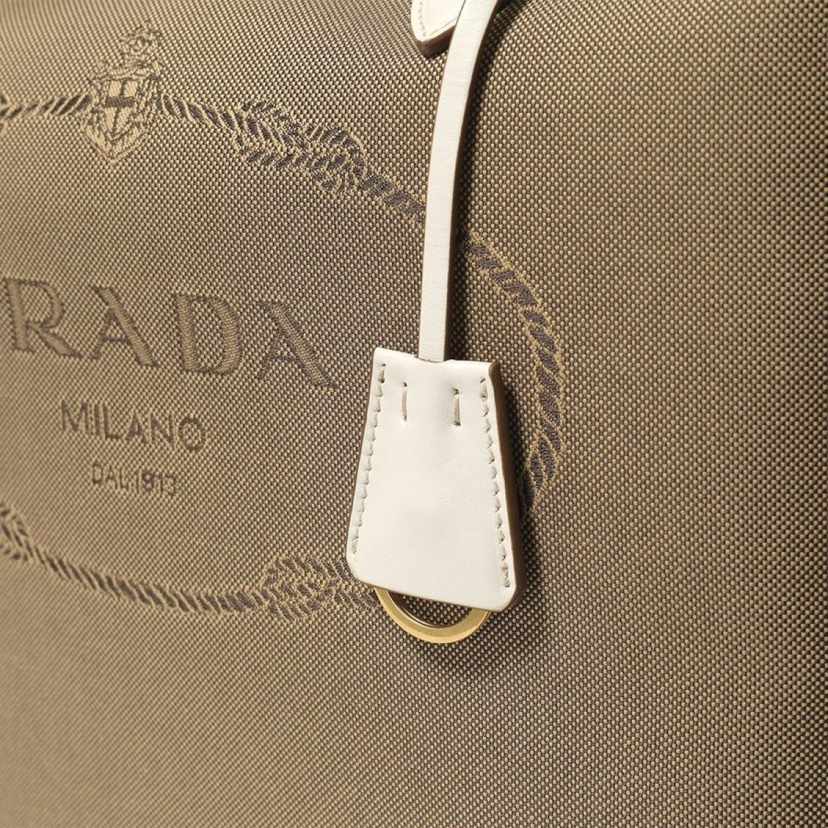 Prada Jacquard Logo White Calf Leather Trim Shoulder Tote Bag