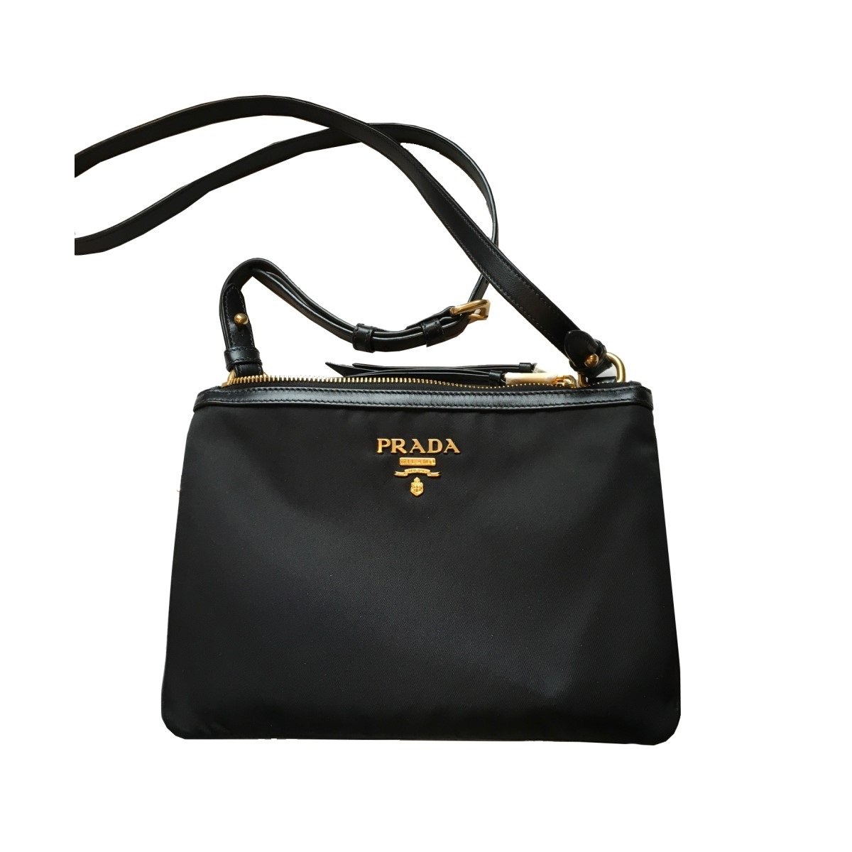 Prada Logo Tessuto Nylon Soft Calf Trim Black Cross Body Bag