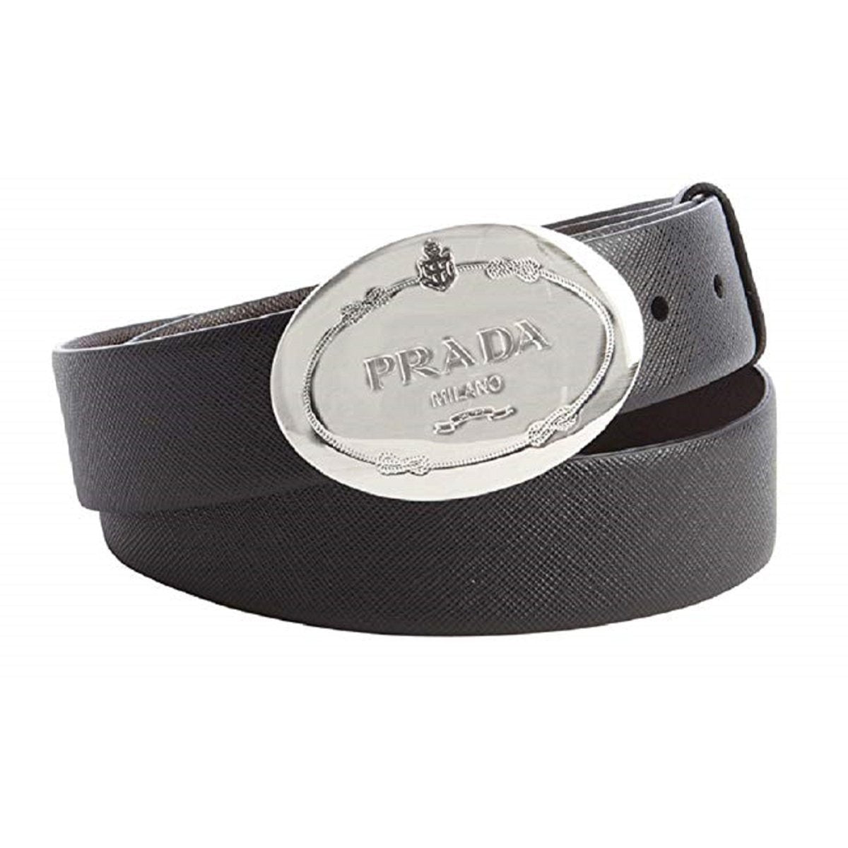 Prada Grey Saffiano Leather Belt Engraved Oval Plaque Buckle Size 105/42