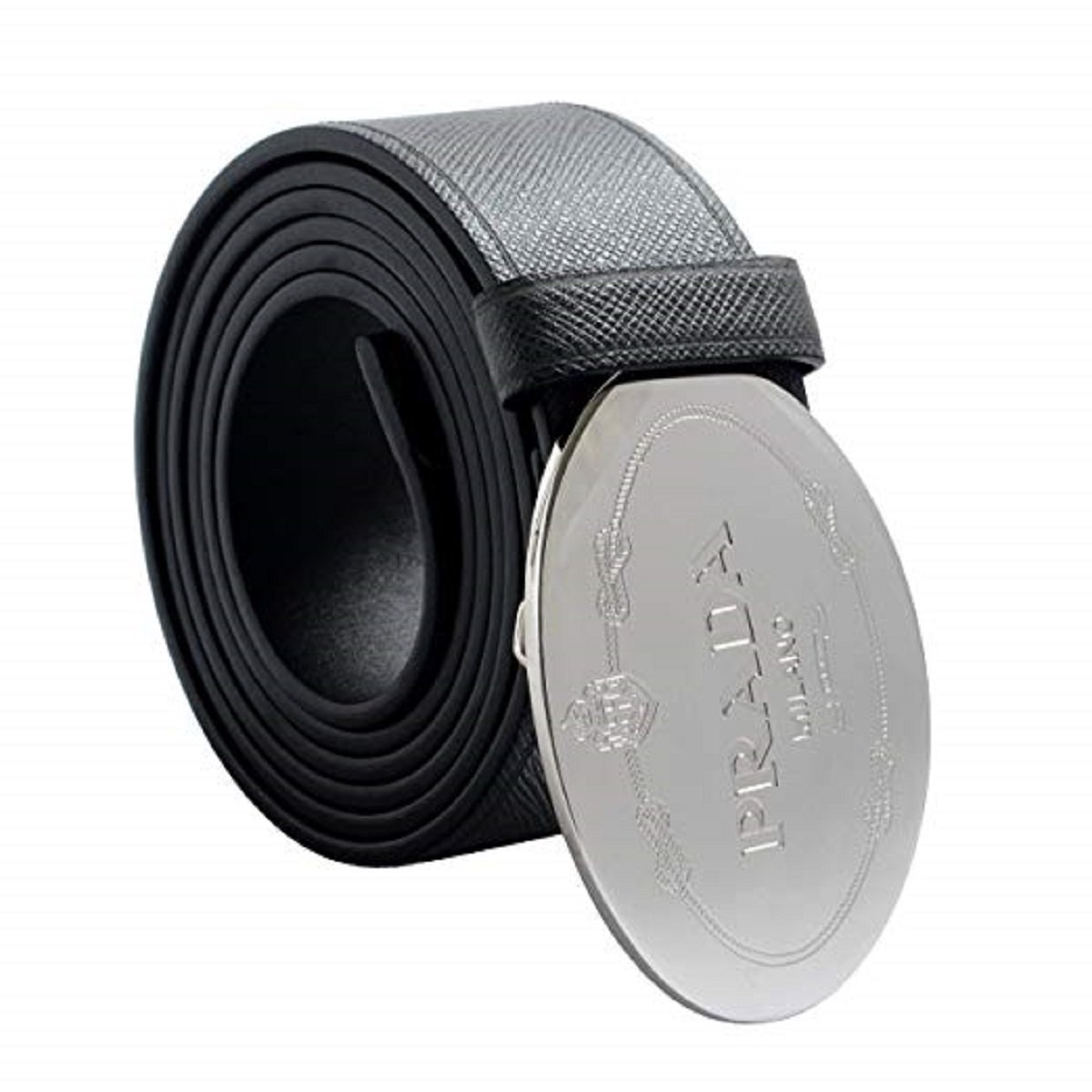 Prada Grey Saffiano Leather Belt Engraved Oval Plaque Buckle Size 105/42