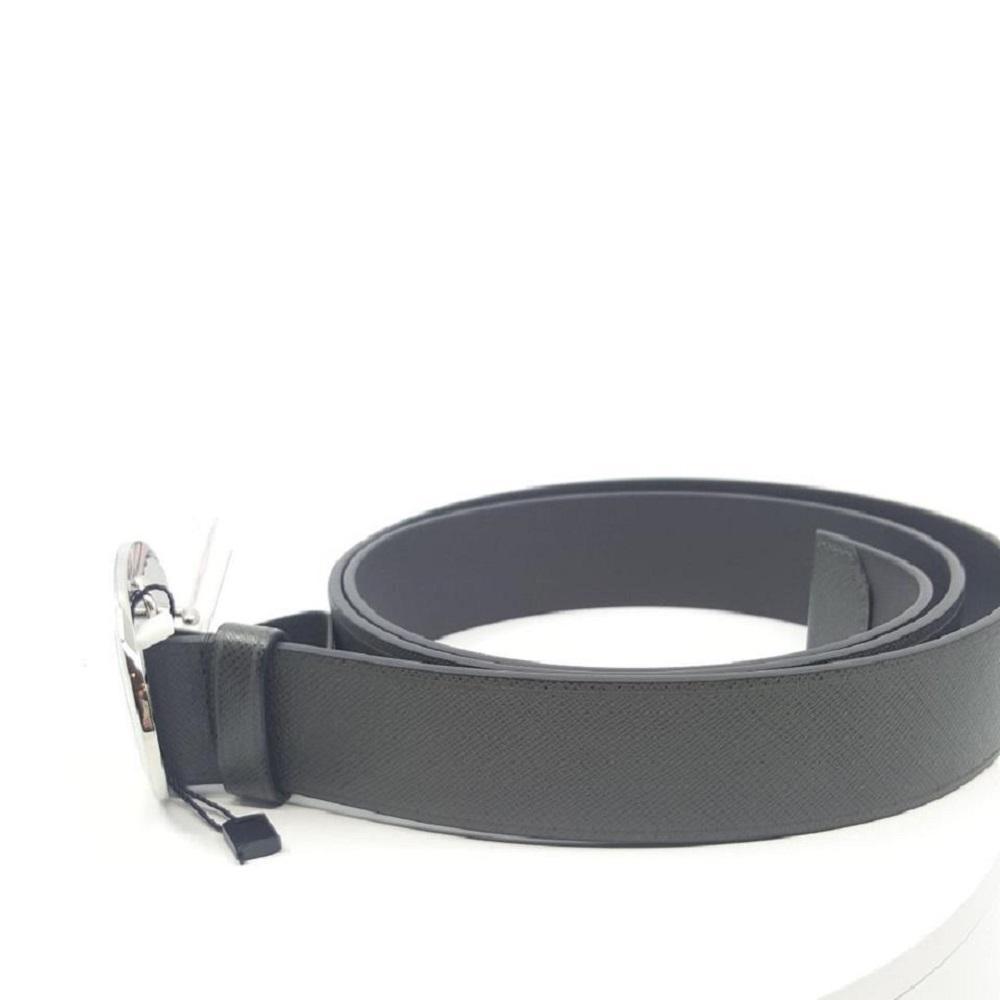 Prada Grey Saffiano Leather Belt Engraved Oval Plaque Buckle Size 105/42