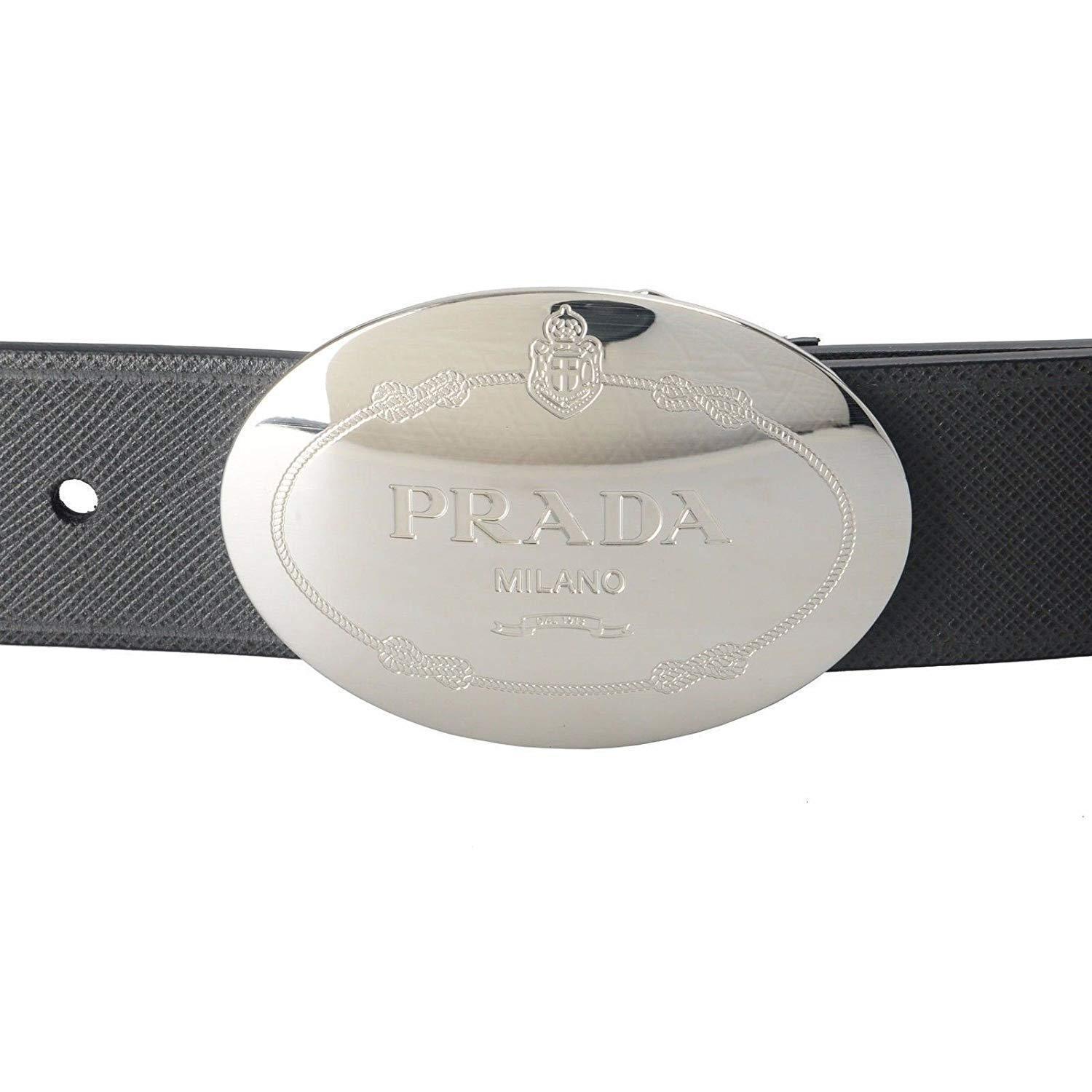 Prada Grey Saffiano Leather Belt Engraved Oval Plaque Buckle Size 105/42