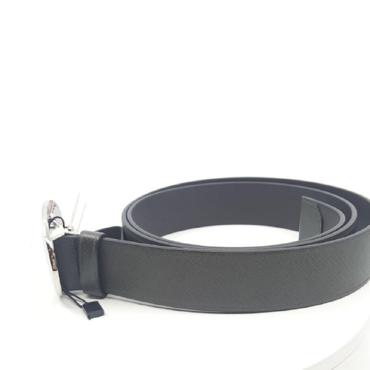 Prada Grey Saffiano Leather Oval Plaque Buckle Belt Size 90/36