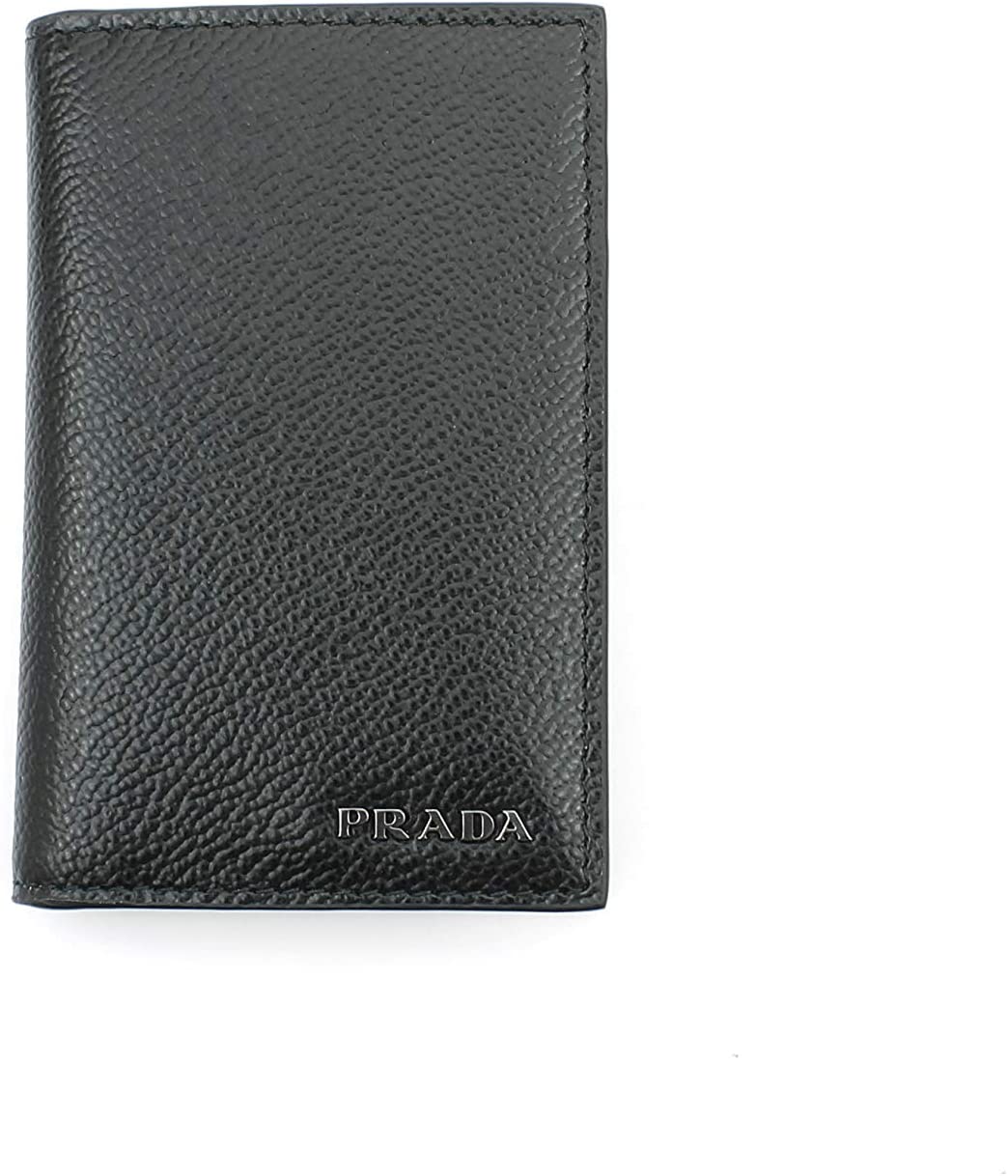 Prada Men's Vitello Micro Grain Black Grey Leather Vertical Card Holder