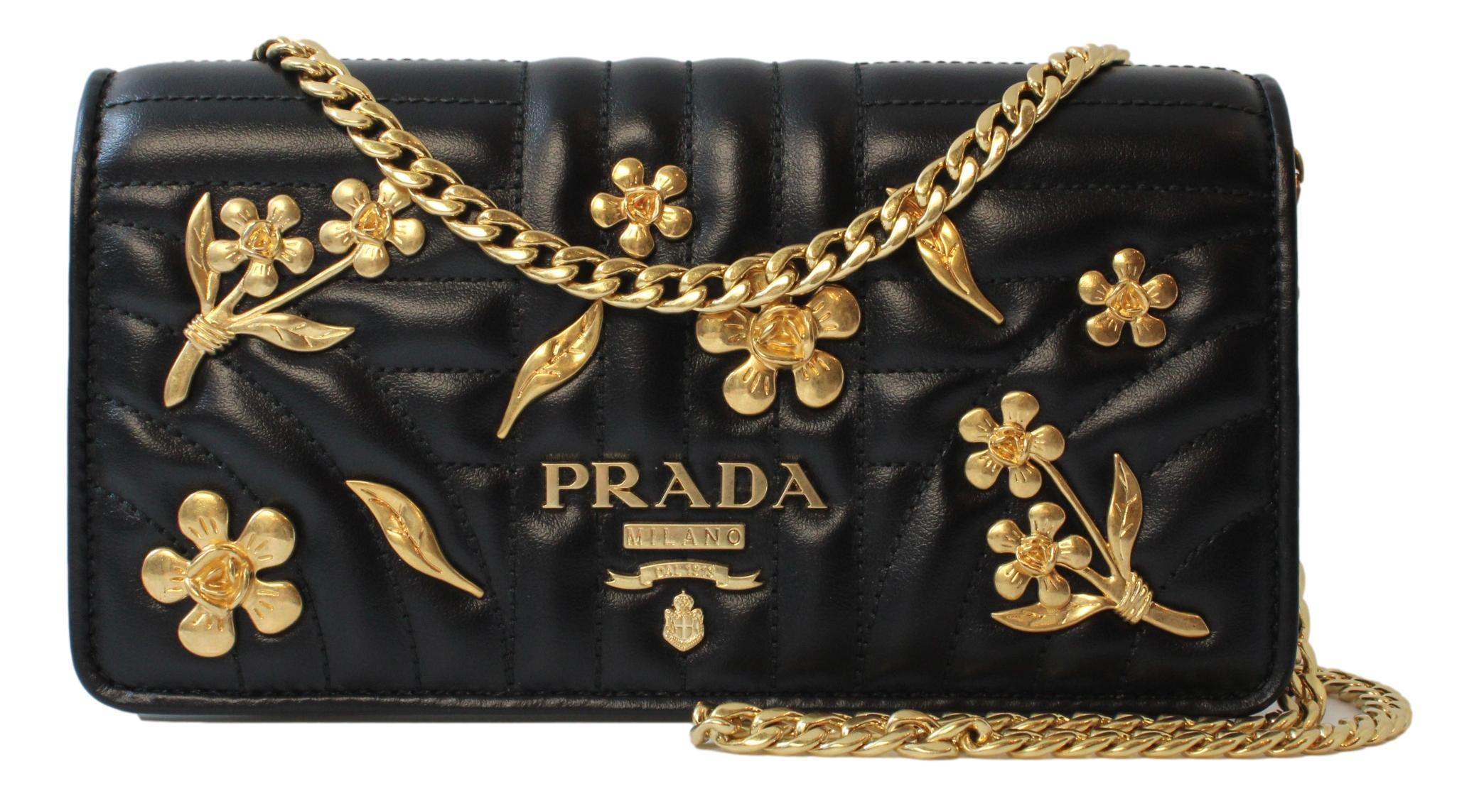 Prada Mini Wallet on Chain Black Leather Gold Flowers Crossbody