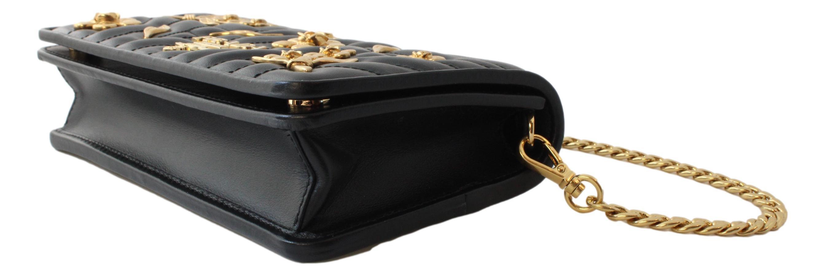 Prada Mini Wallet on Chain Black Leather Gold Flowers Crossbody