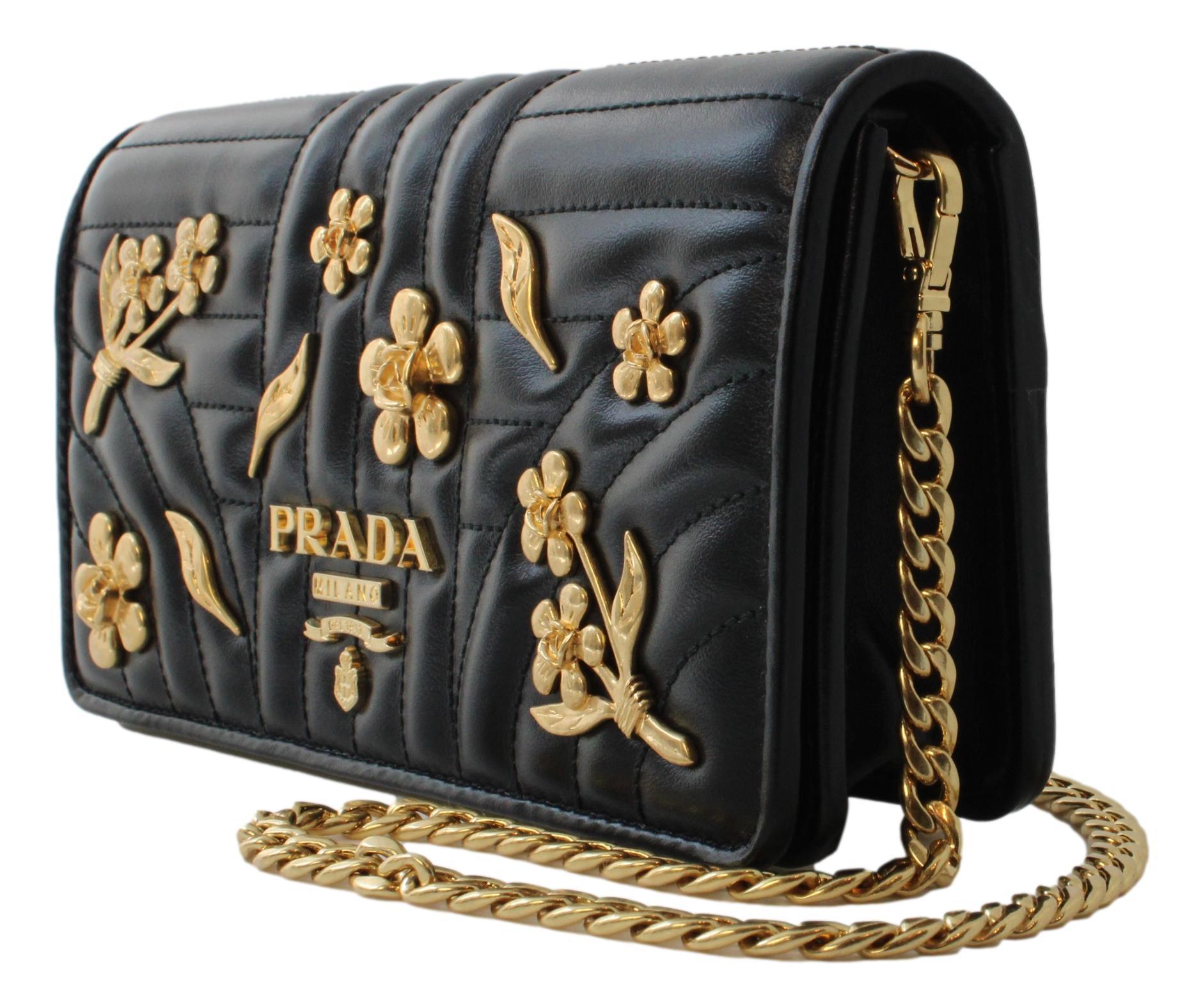 Prada Mini Wallet on Chain Black Leather Gold Flowers Crossbody