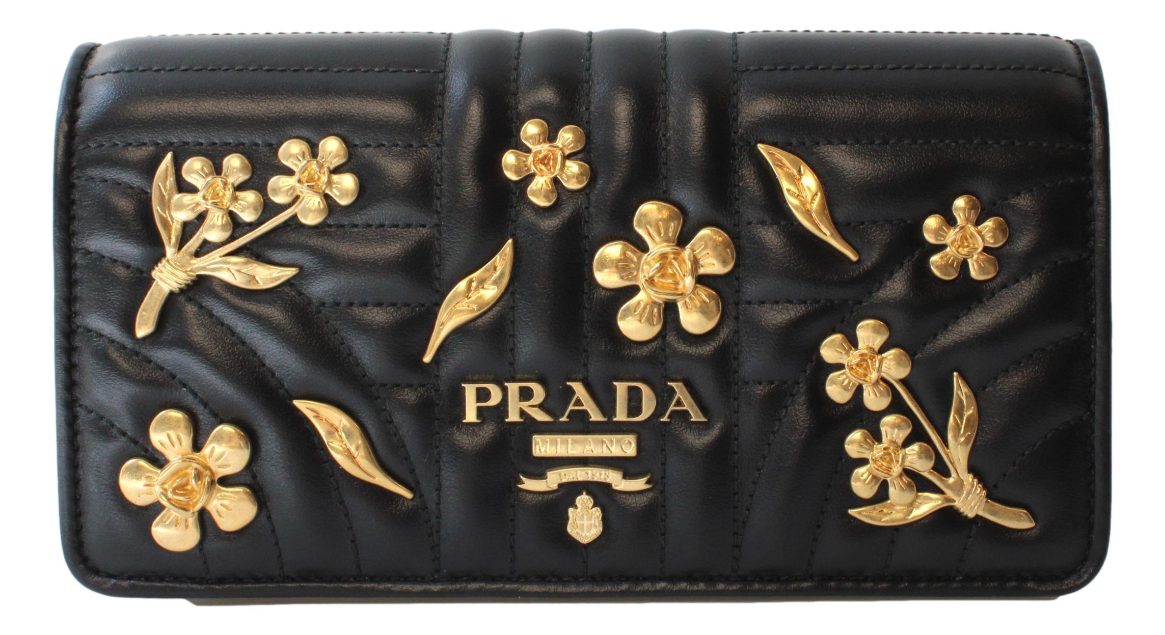 Prada Mini Wallet on Chain Black Leather Gold Flowers Crossbody