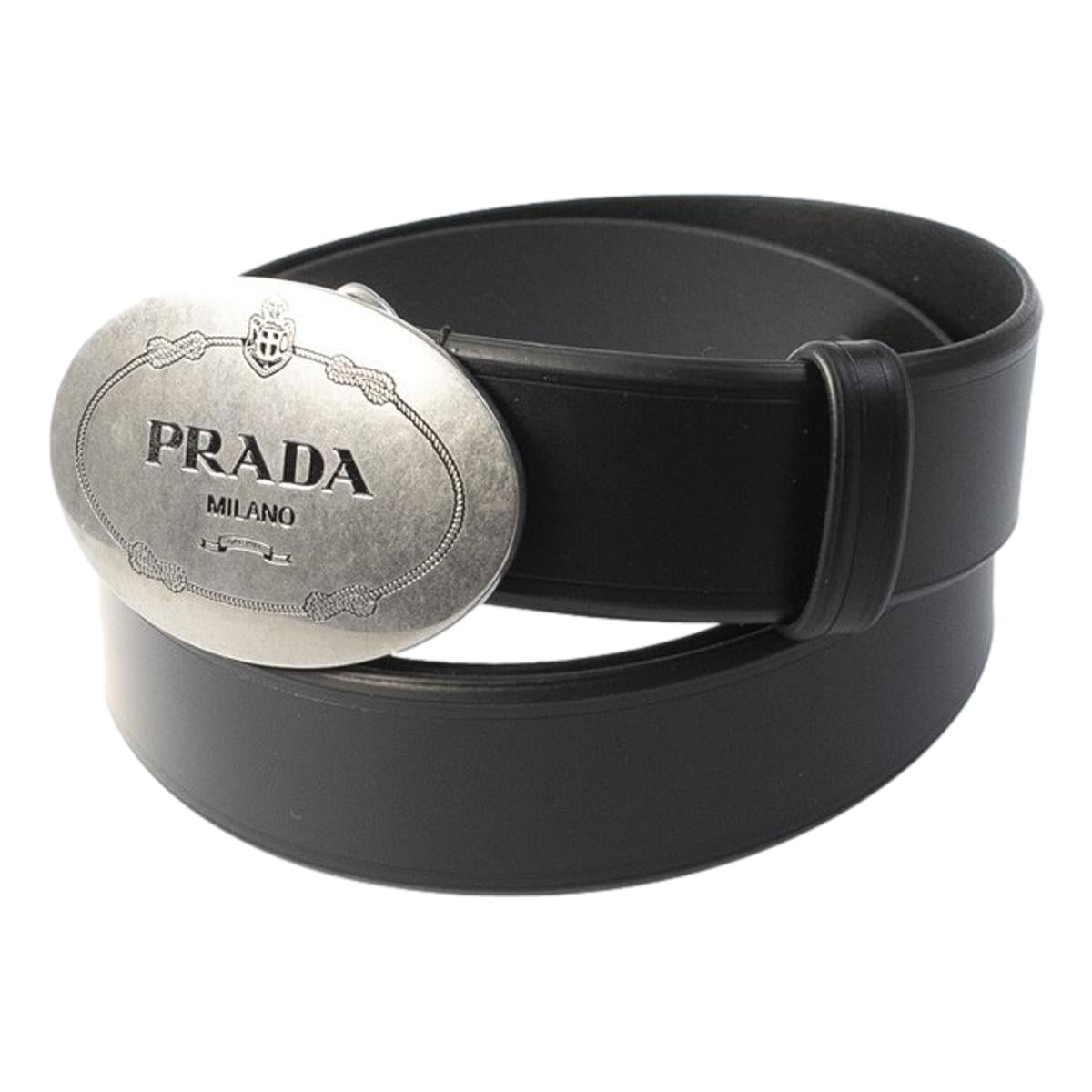 Prada Navy Blue Saffiano Leather Belt Brushed Silver Buckle 105/42