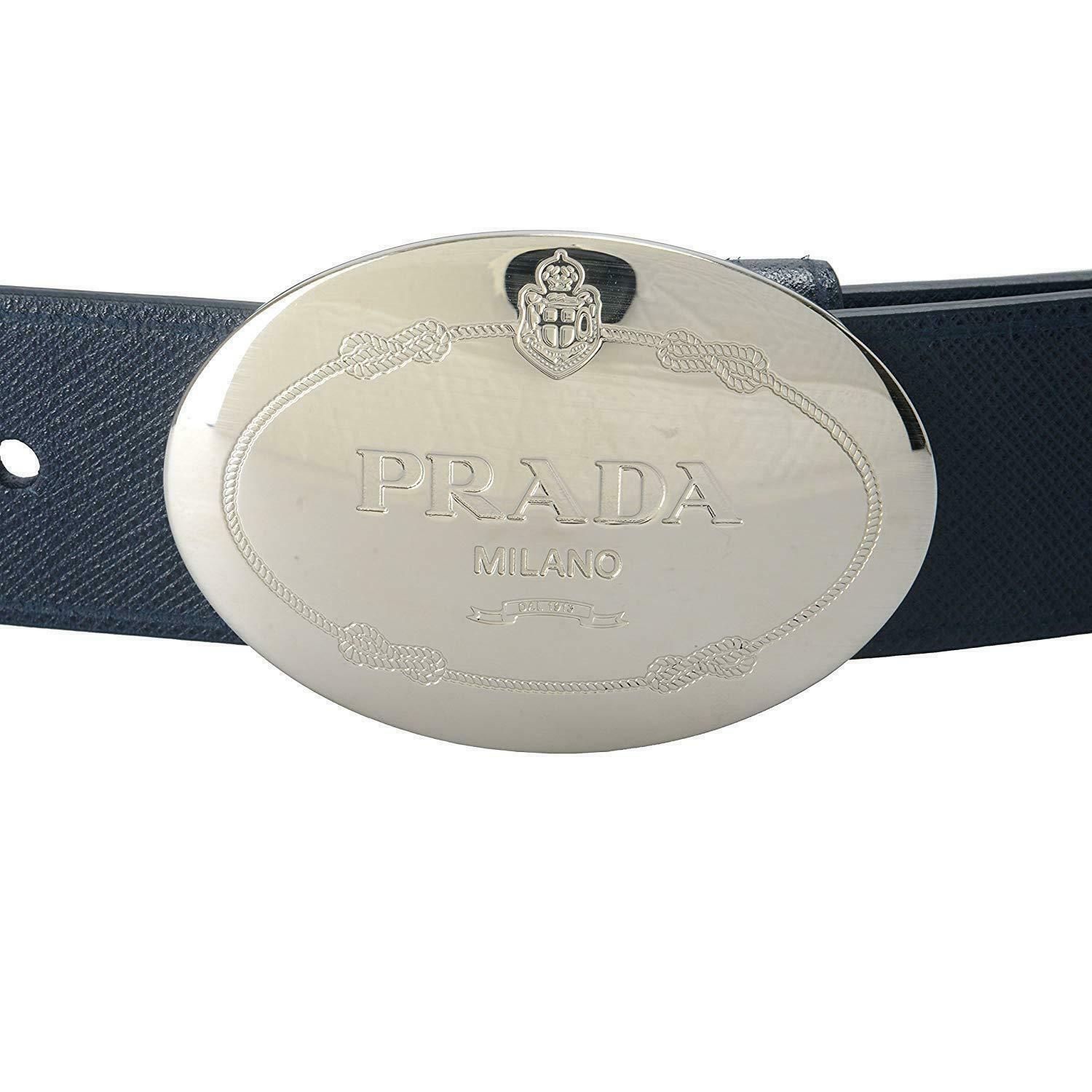 Prada Navy Saffiano Leather Belt  Silver Belt Buckle