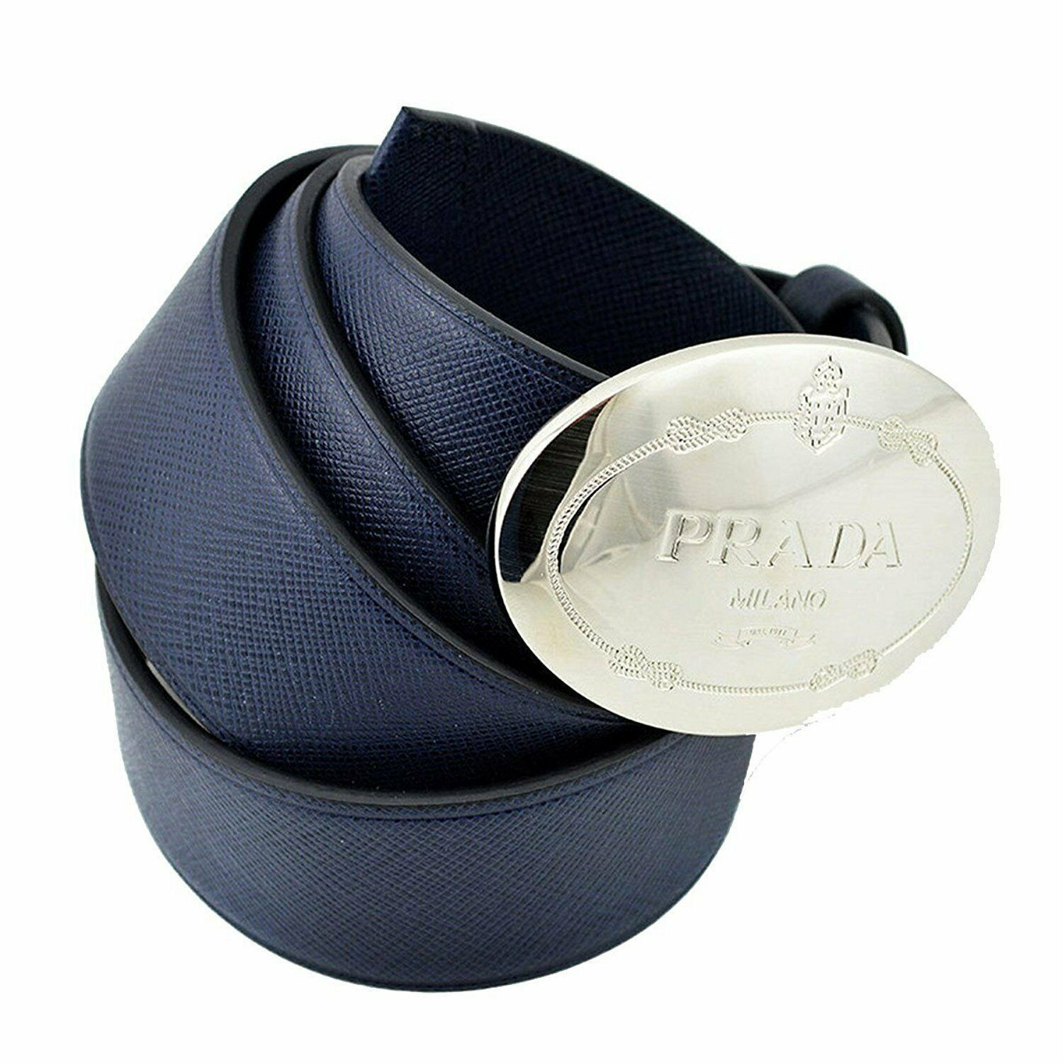 Prada Navy Saffiano Leather Belt  Silver Belt Buckle