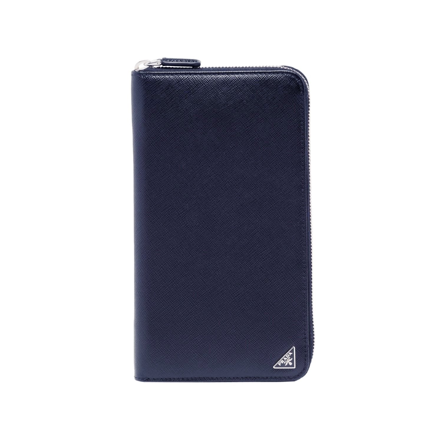 Prada Navy Blue Saffiano Leather Zip Around Document Holder Wallet